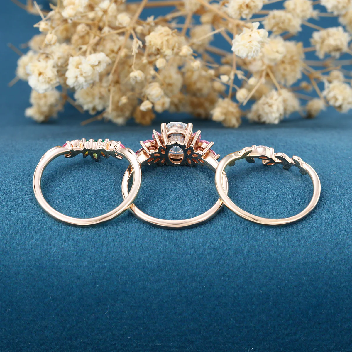 Oval cut Moissanite Matching Diamonds | Lab Grown Emerald | Natural Pink Sapphires Rose Gold Wedding Bridal Set - Image 7