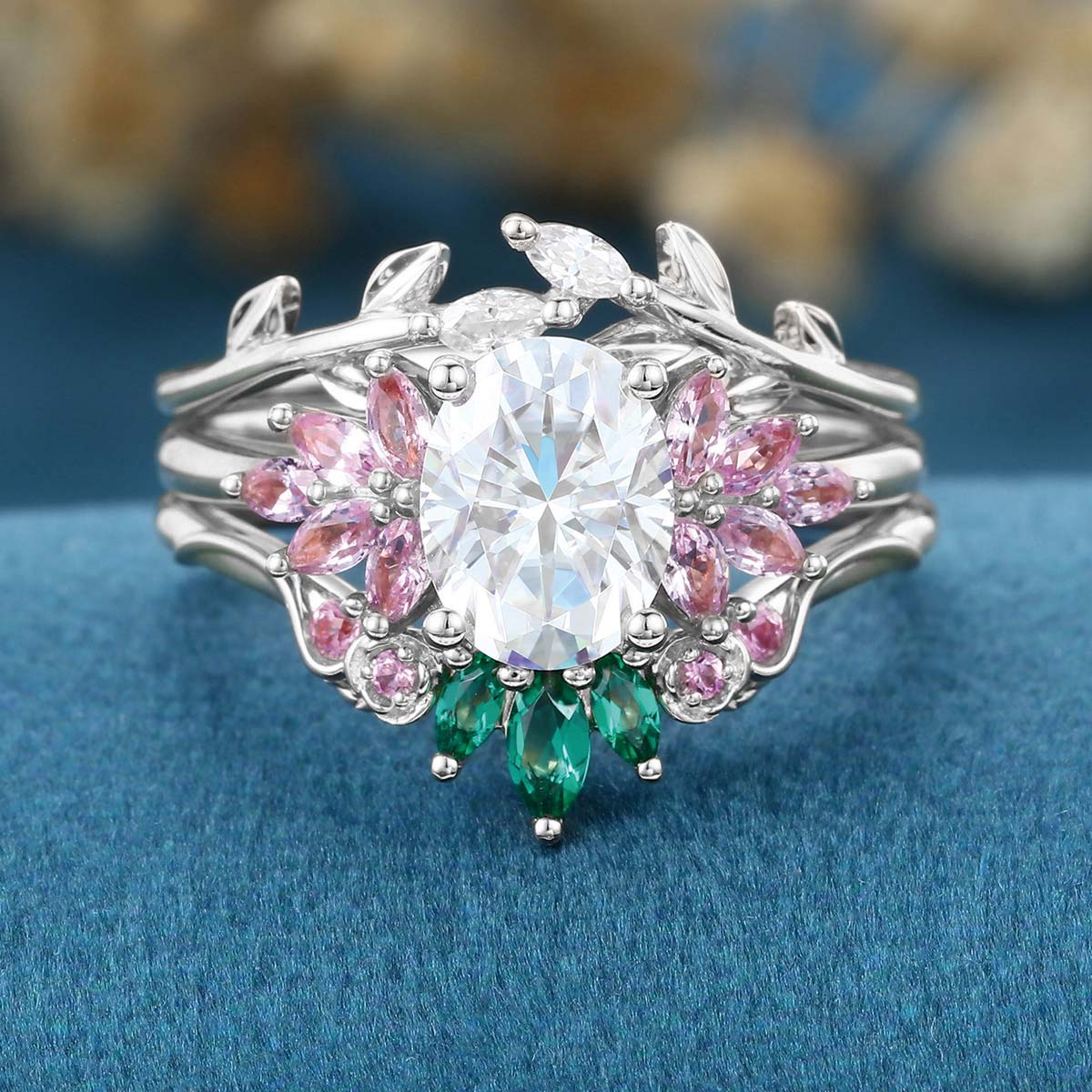 Oval cut Moissanite Matching Diamonds | Lab Grown Emerald | Natural Pink Sapphires Rose Gold Wedding Bridal Set - Image 8