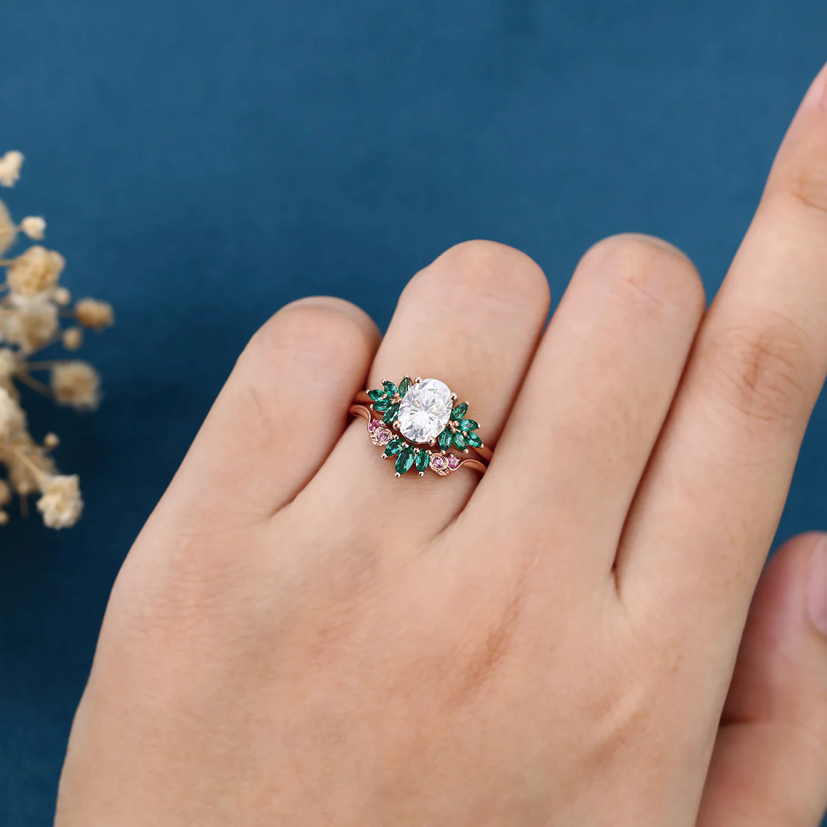 Oval cut Moissanite Matching Diamonds | Lab Grown Emerald | Natural Pink Sapphires Rose Gold Wedding Bridal Set - Image 2
