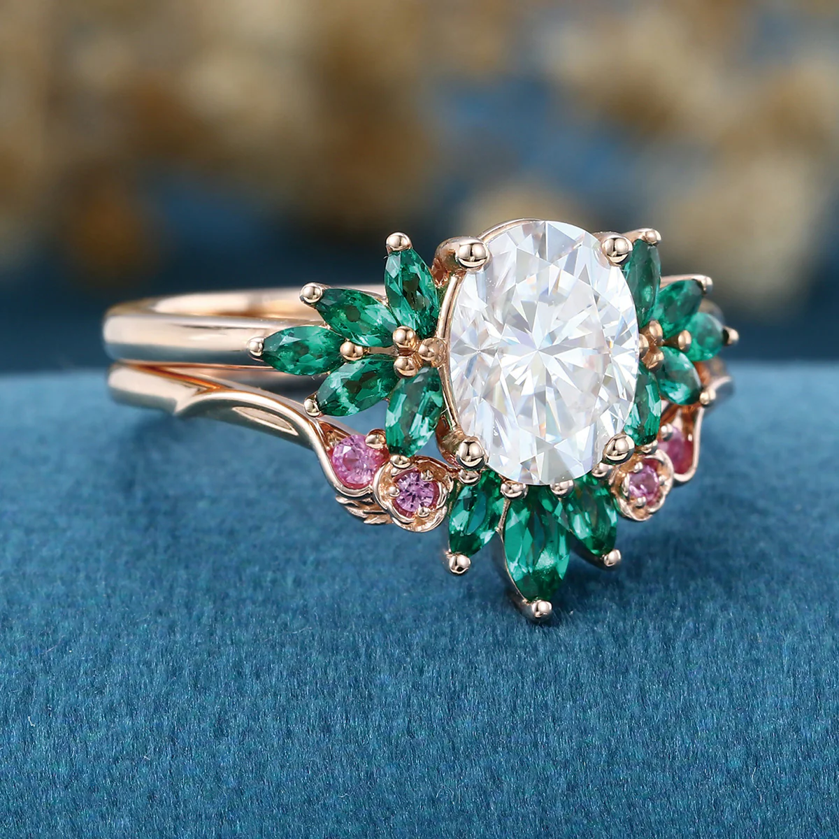 Oval cut Moissanite Matching Diamonds | Lab Grown Emerald | Natural Pink Sapphires Rose Gold Wedding Bridal Set - Image 6