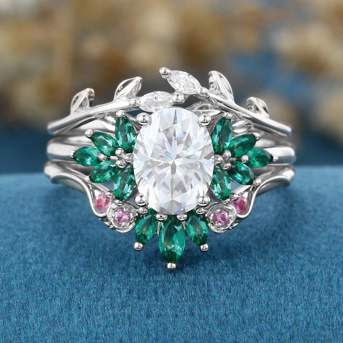 Oval cut Moissanite Matching Diamonds | Lab Grown Emerald |  Natural Pink Sapphires  Rose Gold Wedding Bridal Set - Image 8