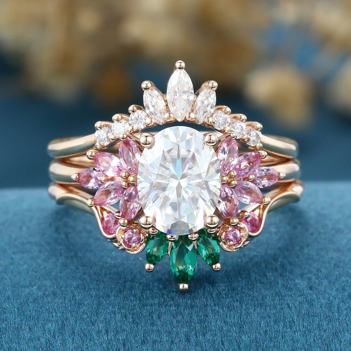 Oval cut Moissanite Matching Diamonds | Lab Grown Emerald | Natural Pink Sapphires Rose Gold Wedding Bridal Set - Image 4