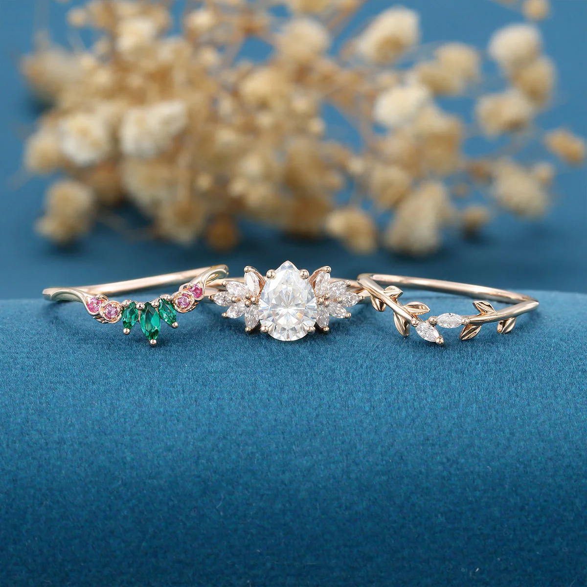 Oval cut Moissanite Matching Diamonds | Lab Grown Emerald |  Natural Pink Sapphires  Rose Gold Wedding Bridal Set - Image 4