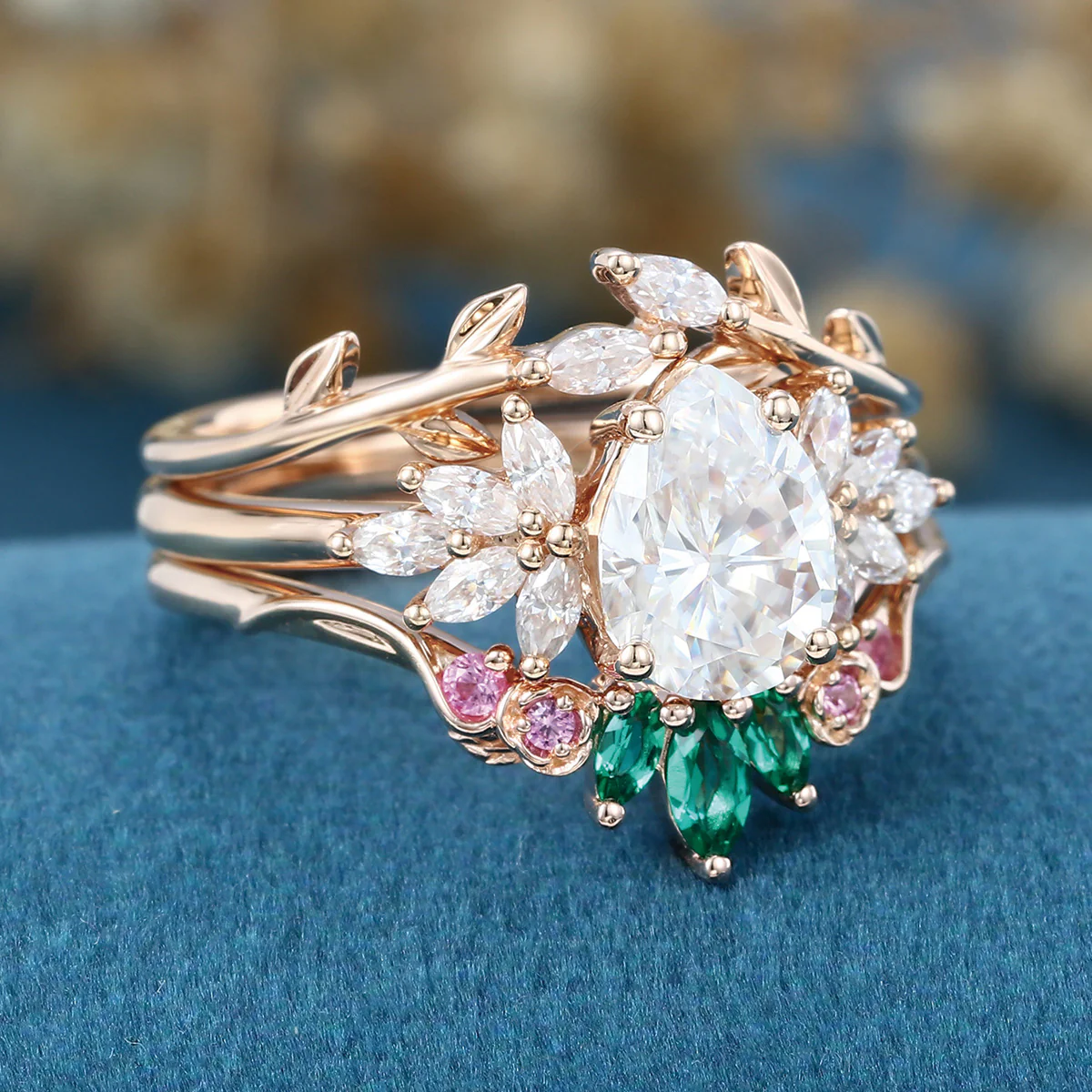 Oval cut Moissanite Matching Diamonds | Lab Grown Emerald |  Natural Pink Sapphires  Rose Gold Wedding Bridal Set - Image 5