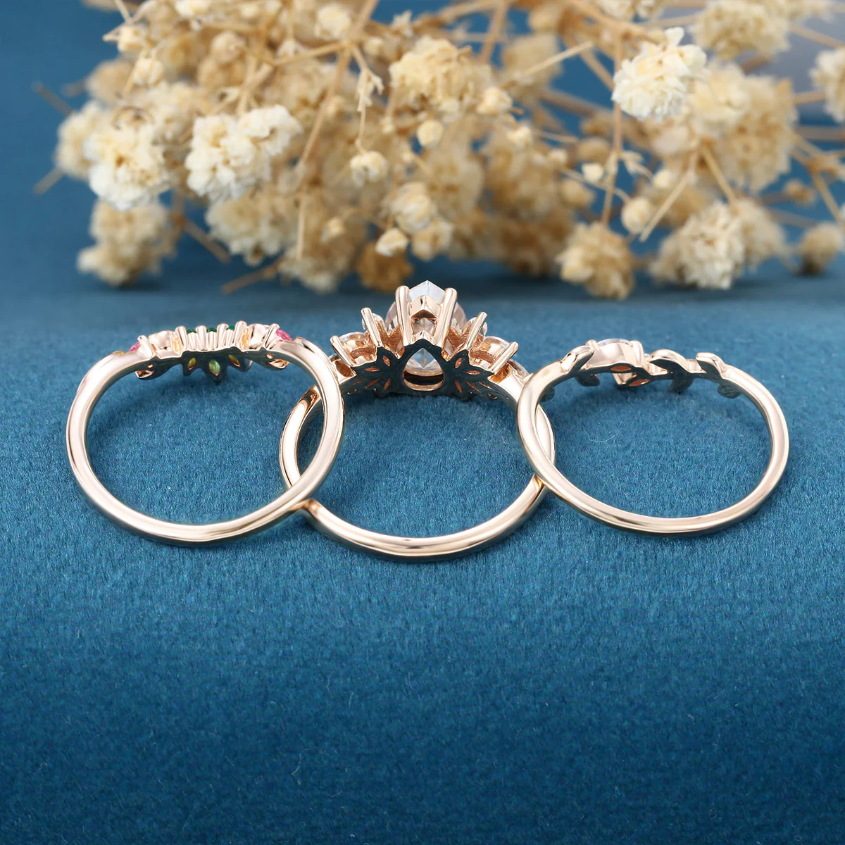 Oval cut Moissanite Matching Diamonds | Lab Grown Emerald |  Natural Pink Sapphires  Rose Gold Wedding Bridal Set - Image 7