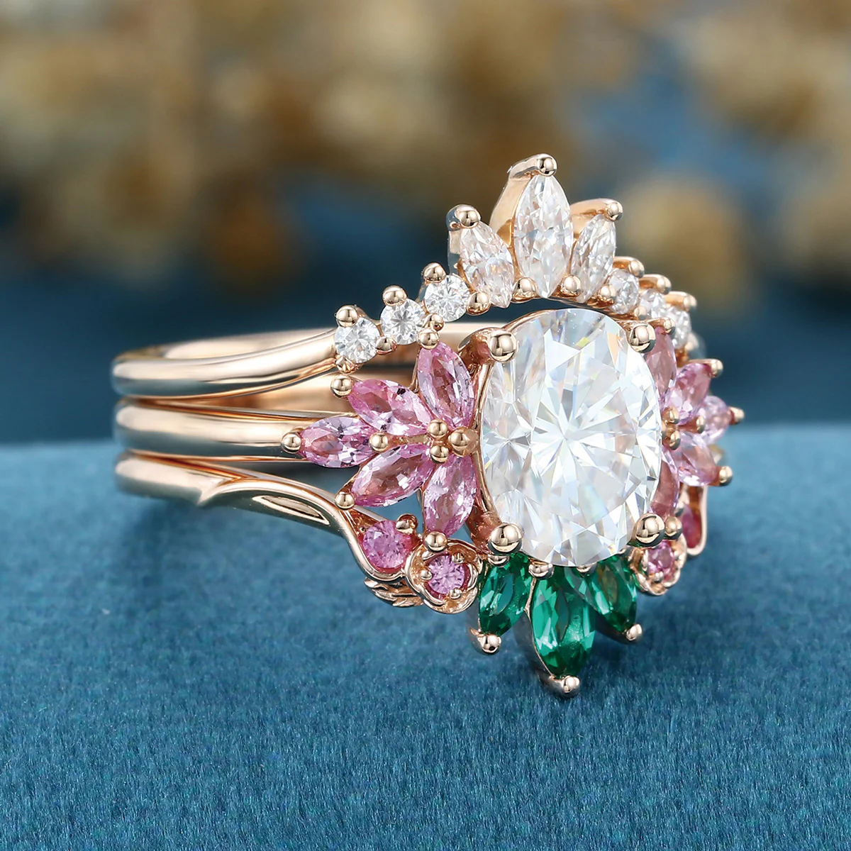 Oval cut Moissanite Matching Diamonds | Lab Grown Emerald | Natural Pink Sapphires Rose Gold Wedding Bridal Set - Image 6