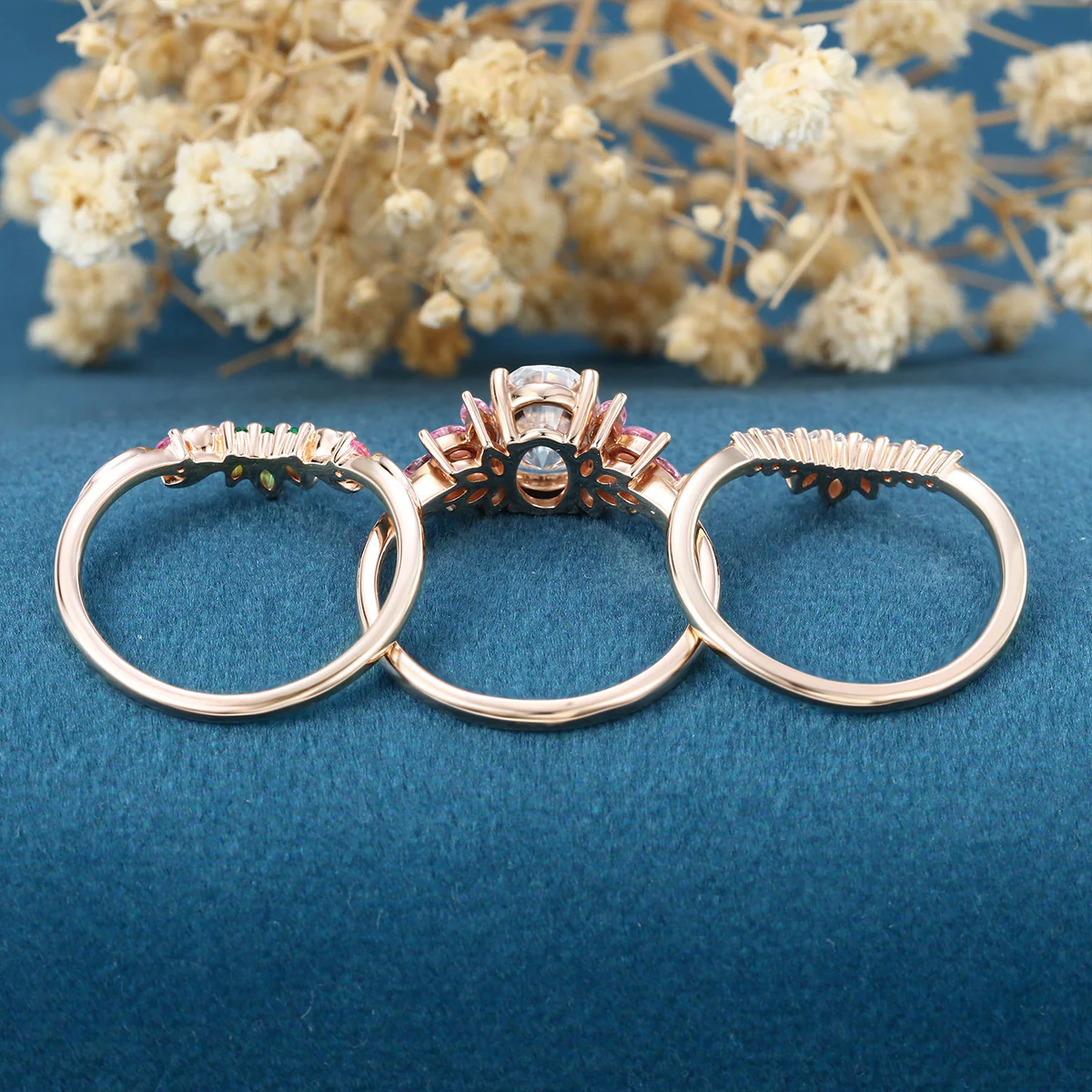 Oval cut Moissanite Matching Diamonds | Lab Grown Emerald | Natural Pink Sapphires Rose Gold Wedding Bridal Set - Image 7