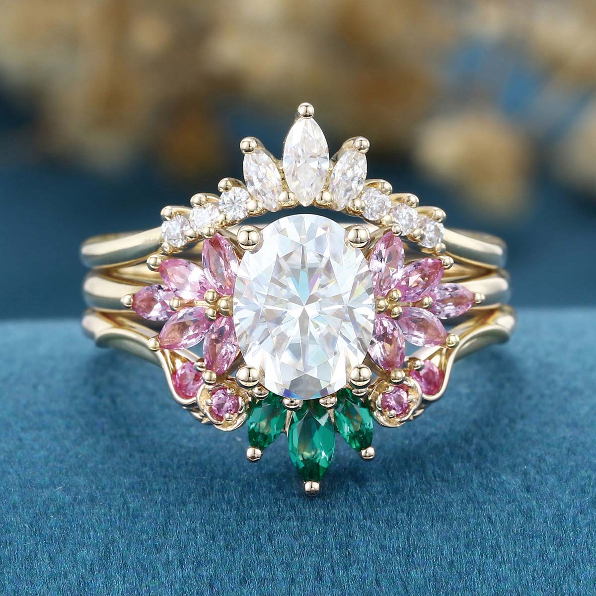 Oval cut Moissanite Matching Diamonds | Lab Grown Emerald | Natural Pink Sapphires Rose Gold Wedding Bridal Set - Image 9