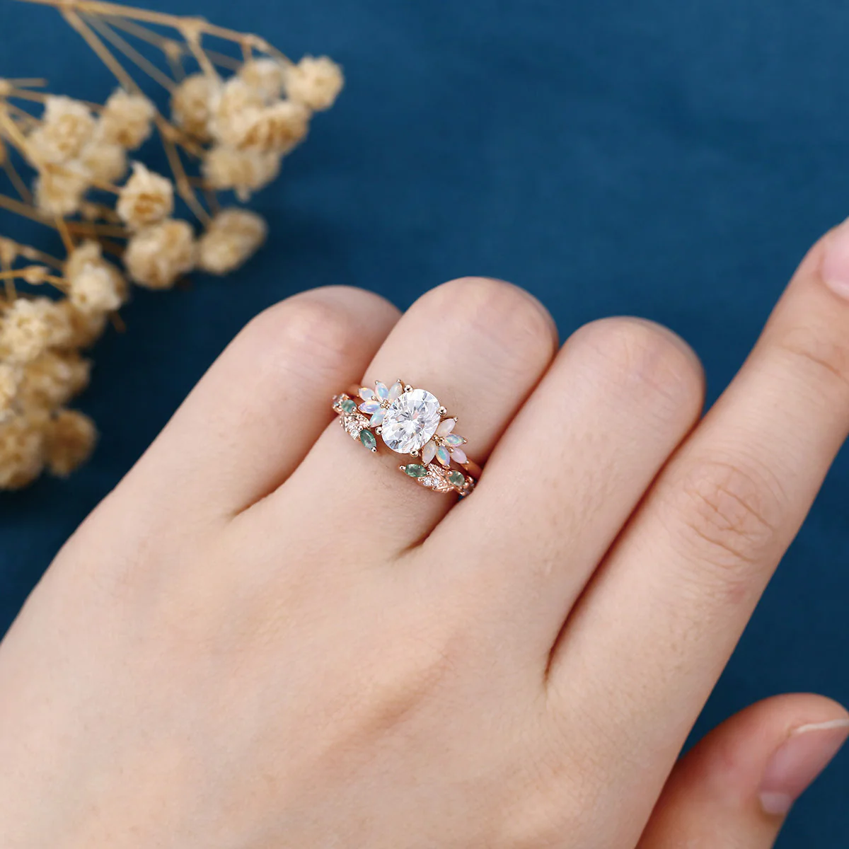 Oval cut Moissanite+ Opal Engagement ring Moss agate Wedding Bridal set - Image 2