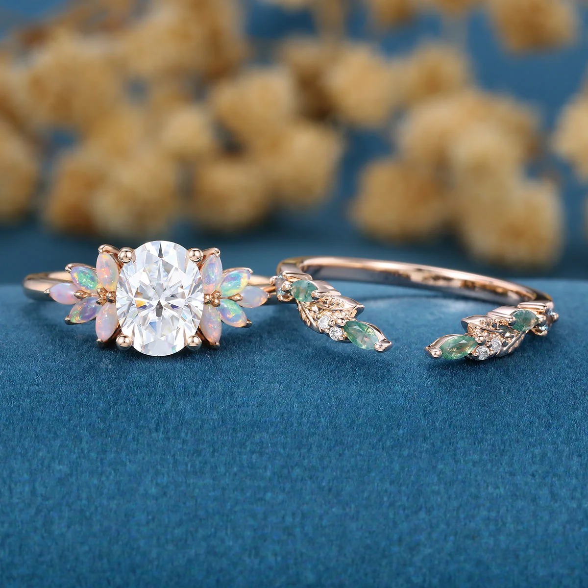 Oval cut Moissanite+ Opal Engagement ring Moss agate Wedding Bridal set - Image 3