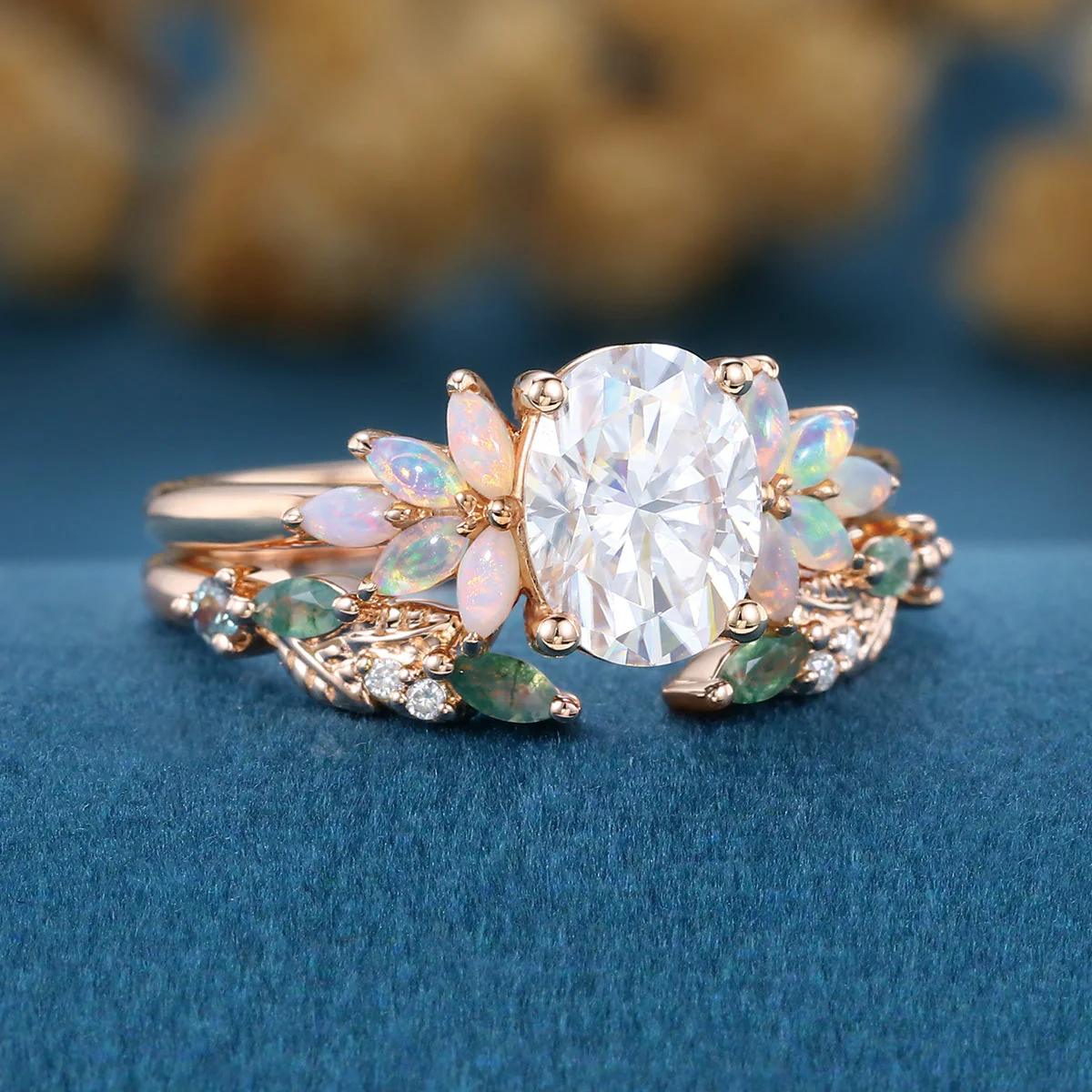 Oval cut Moissanite+ Opal Engagement ring Moss agate Wedding Bridal set - Image 4