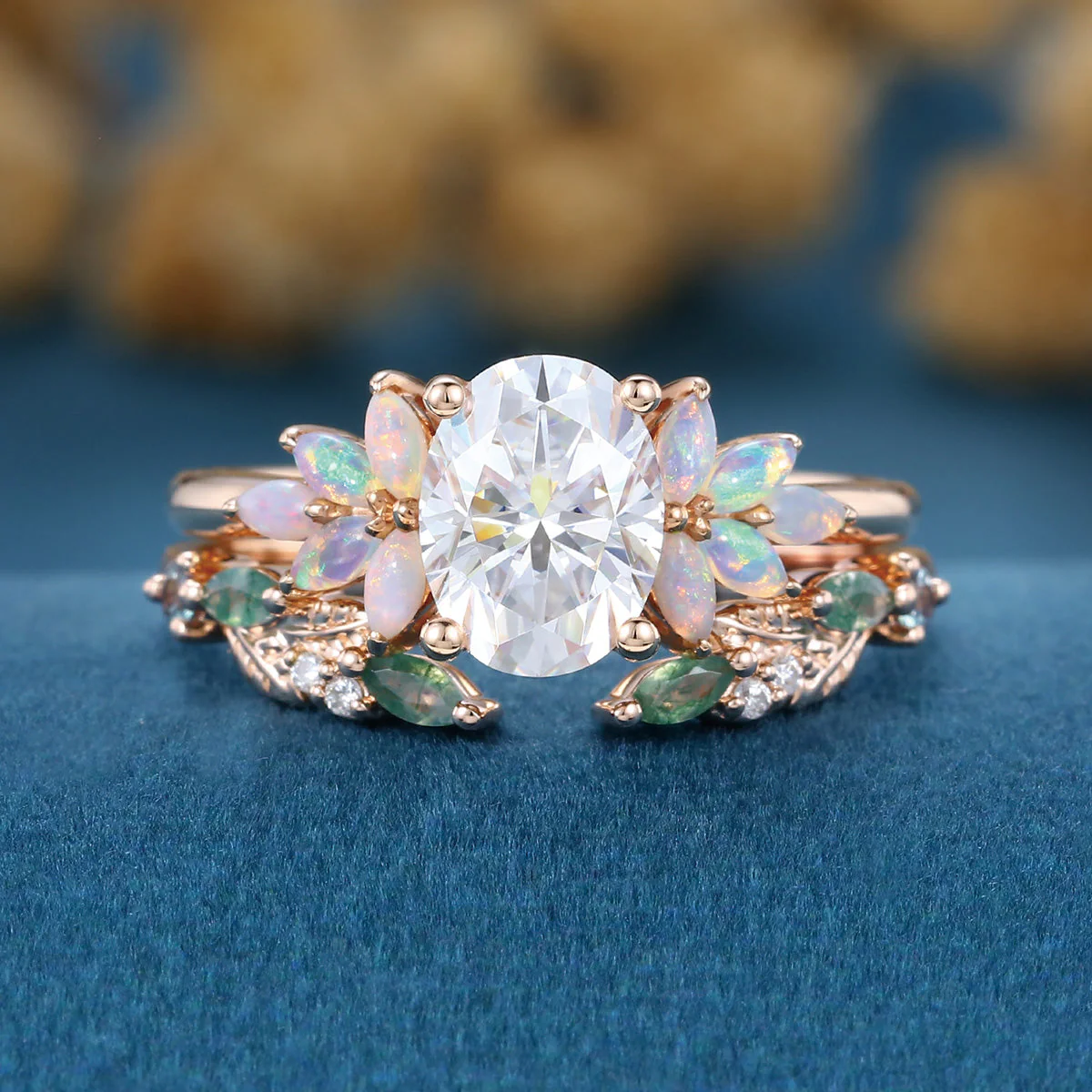 Oval cut Moissanite+ Opal Engagement ring Moss agate Wedding Bridal set - Image 5
