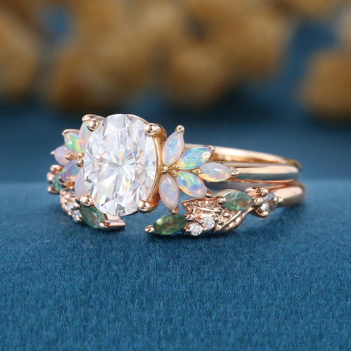 Oval cut Moissanite+ Opal Engagement ring Moss agate Wedding Bridal set - Image 6