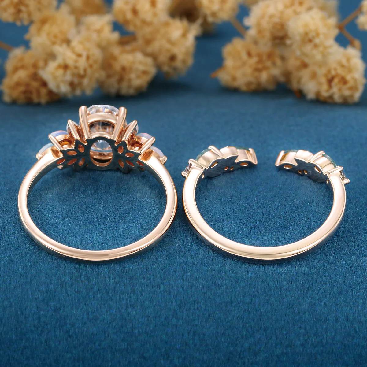 Oval cut Moissanite+ Opal Engagement ring Moss agate Wedding Bridal set - Image 7