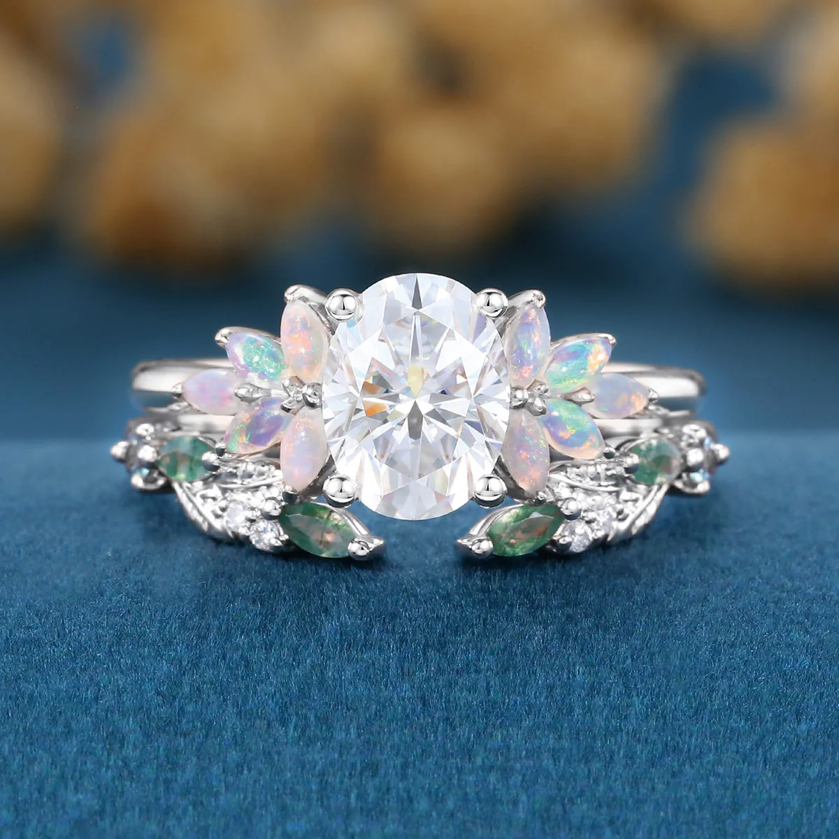 Oval cut Moissanite+ Opal Engagement ring Moss agate Wedding Bridal set - Image 8
