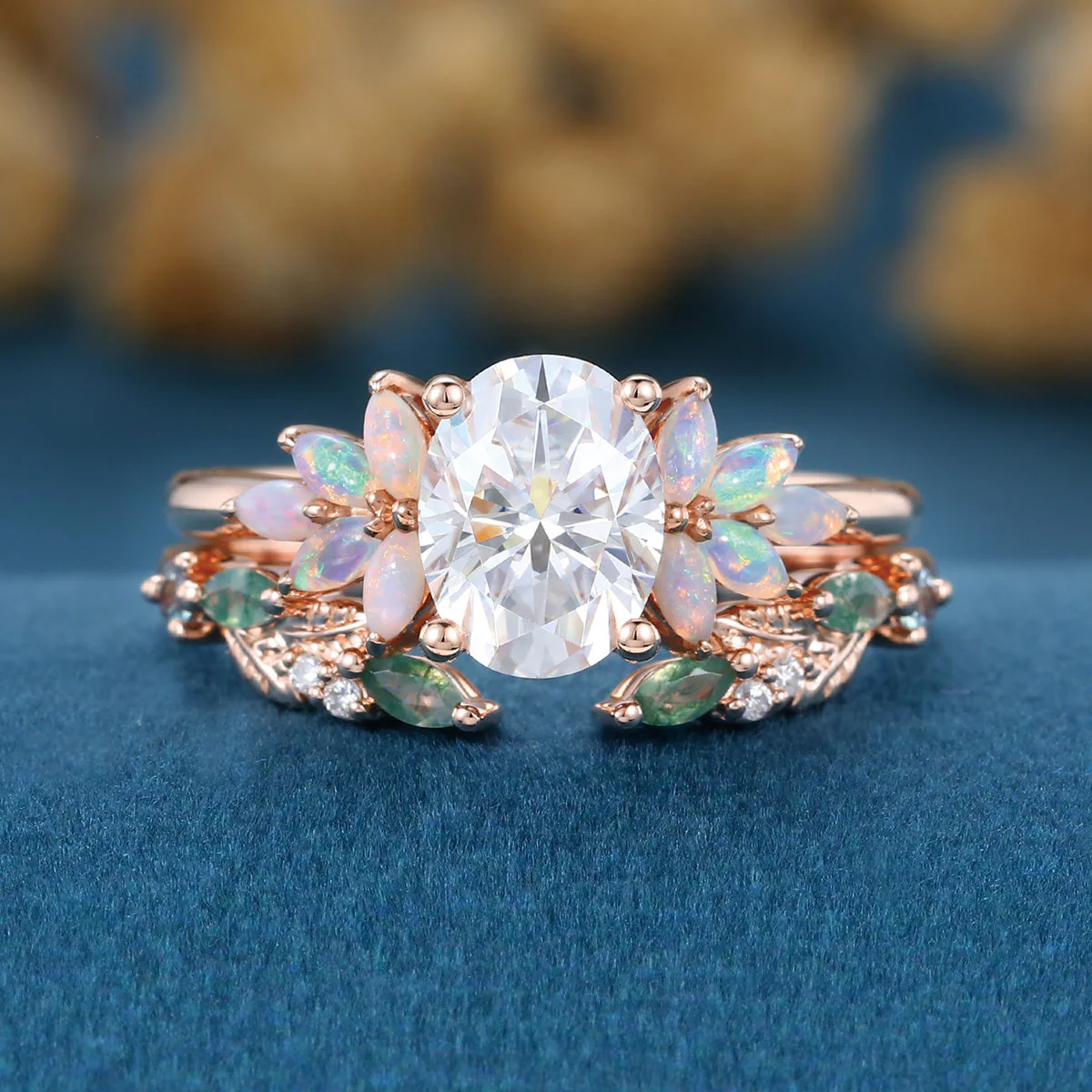 Oval cut Moissanite+ Opal Engagement ring Moss agate Wedding Bridal set - Image 9