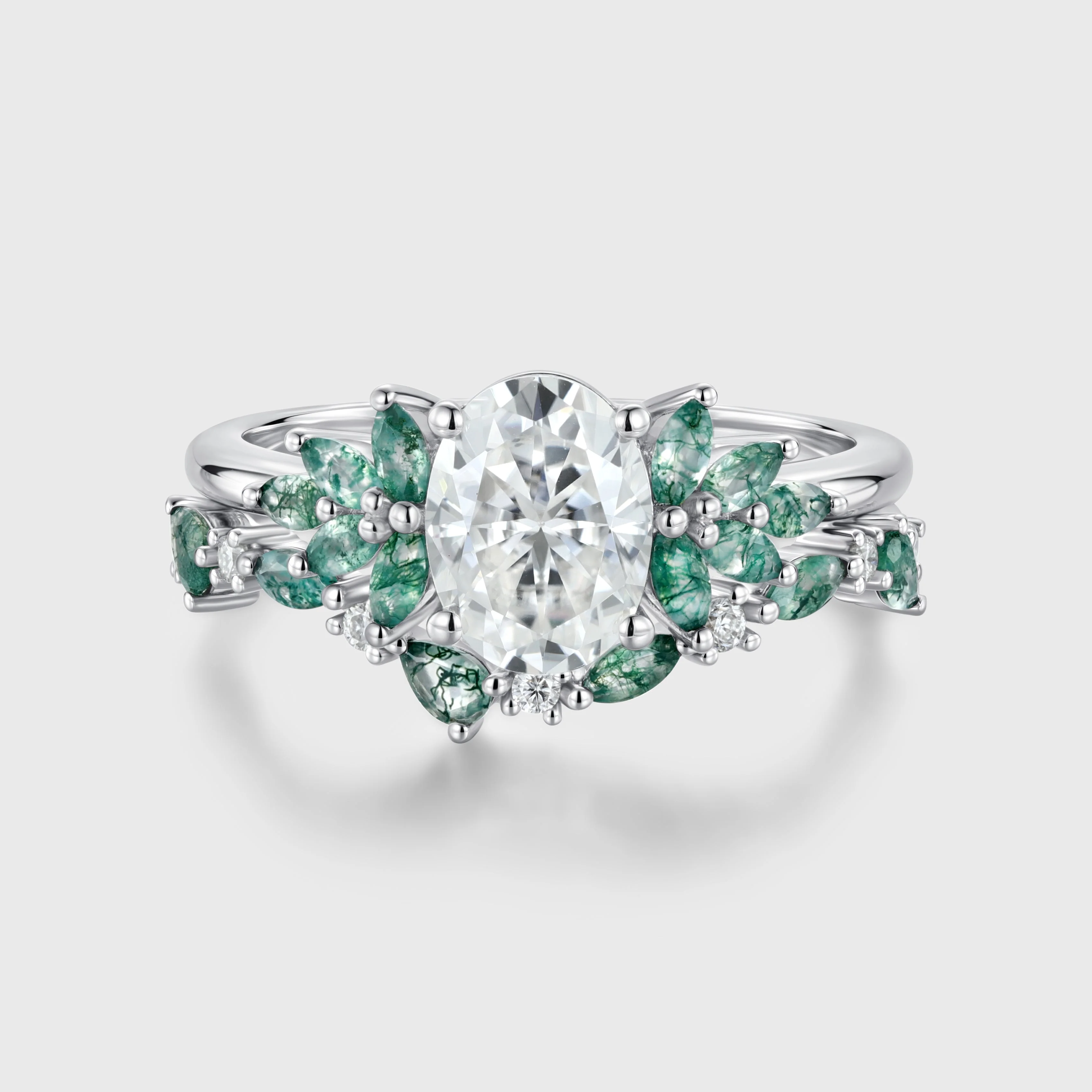 Oval cut Moissanite Engagement ring +Moss agate Wedding Bridal set