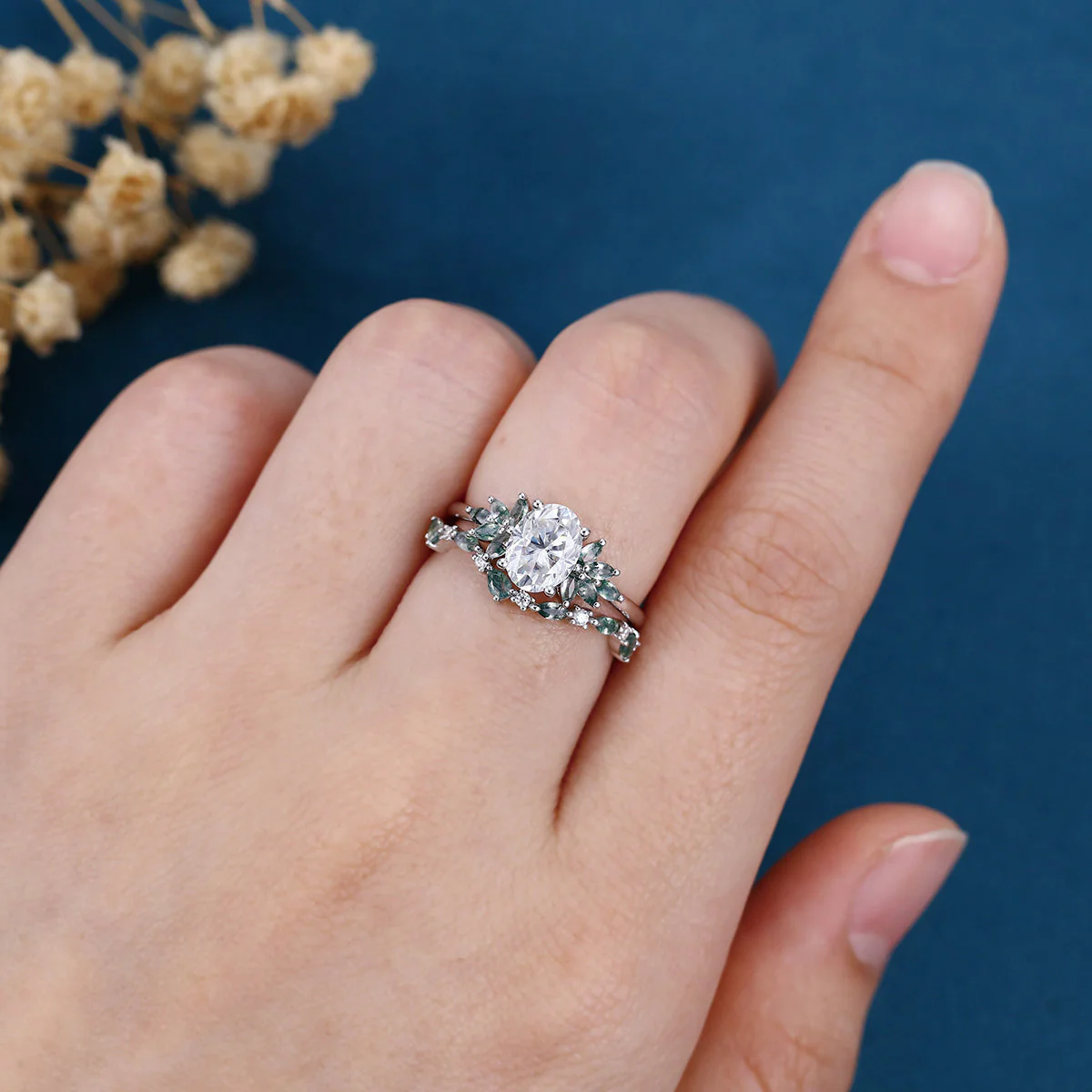 Oval cut Moissanite Engagement ring +Moss agate Wedding Bridal set - Image 2