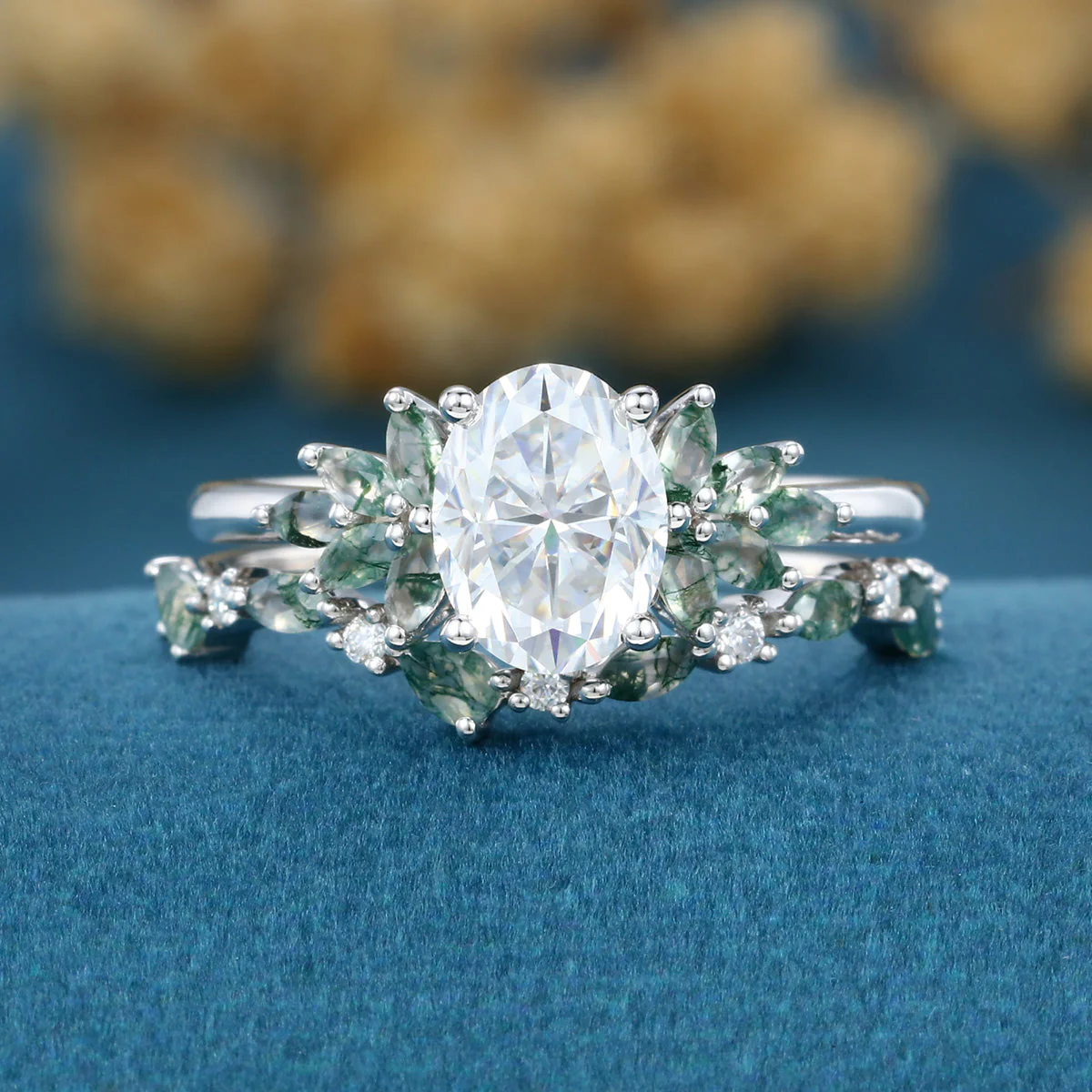 Oval cut Moissanite Engagement ring +Moss agate Wedding Bridal set - Image 3