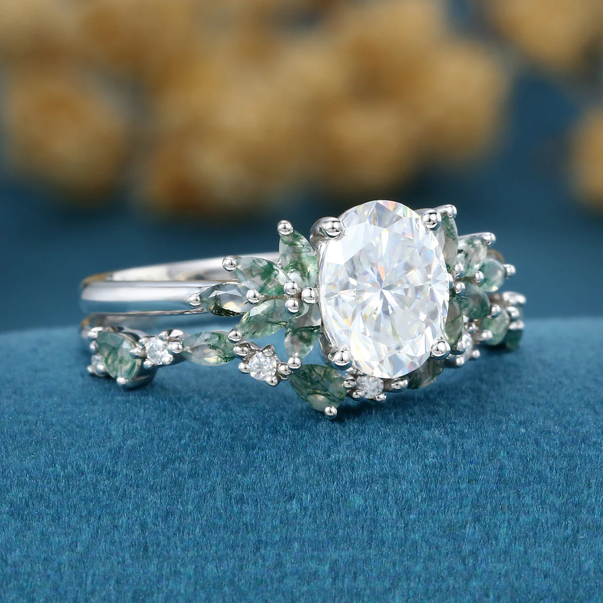 Oval cut Moissanite Engagement ring +Moss agate Wedding Bridal set - Image 4