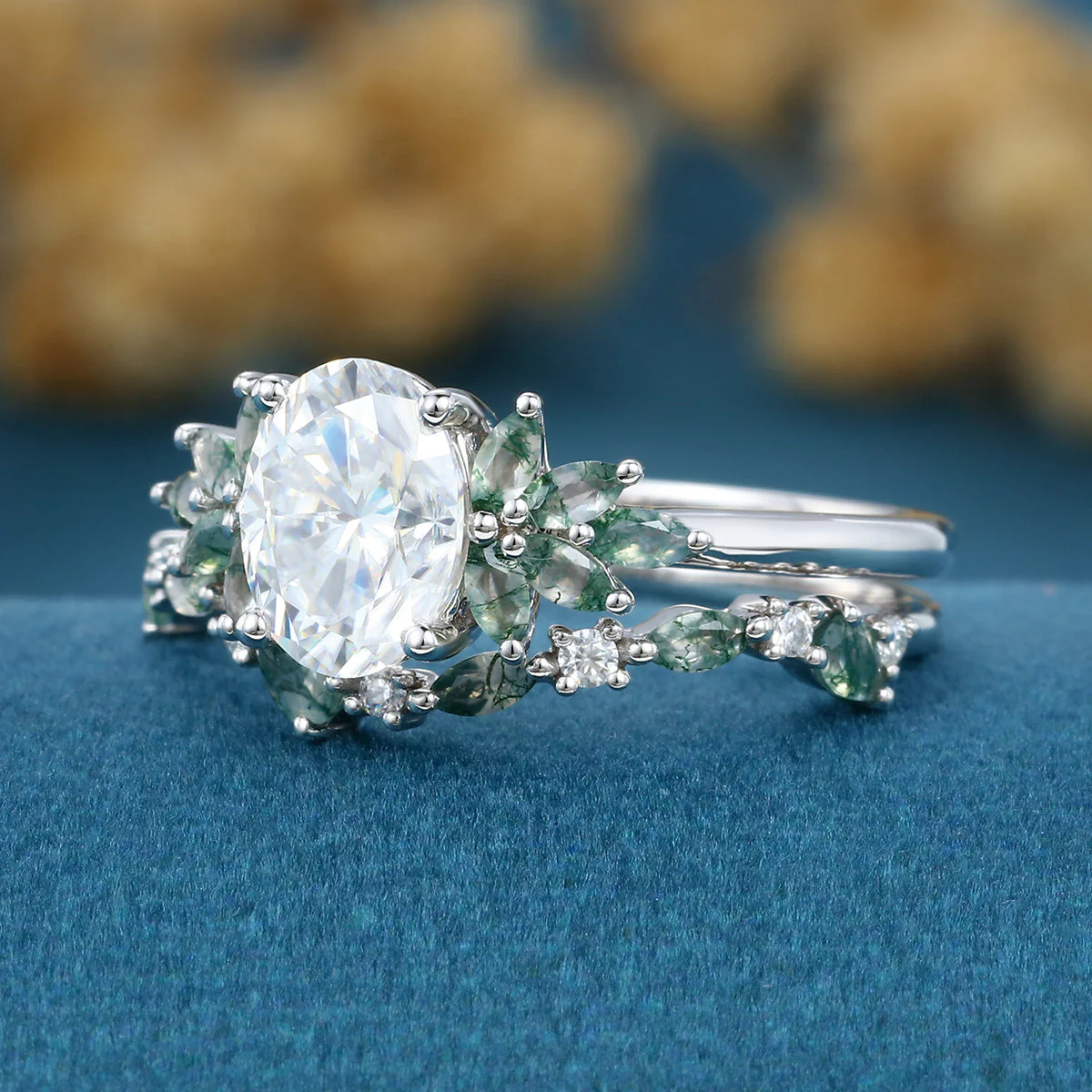 Oval cut Moissanite Engagement ring +Moss agate Wedding Bridal set - Image 5