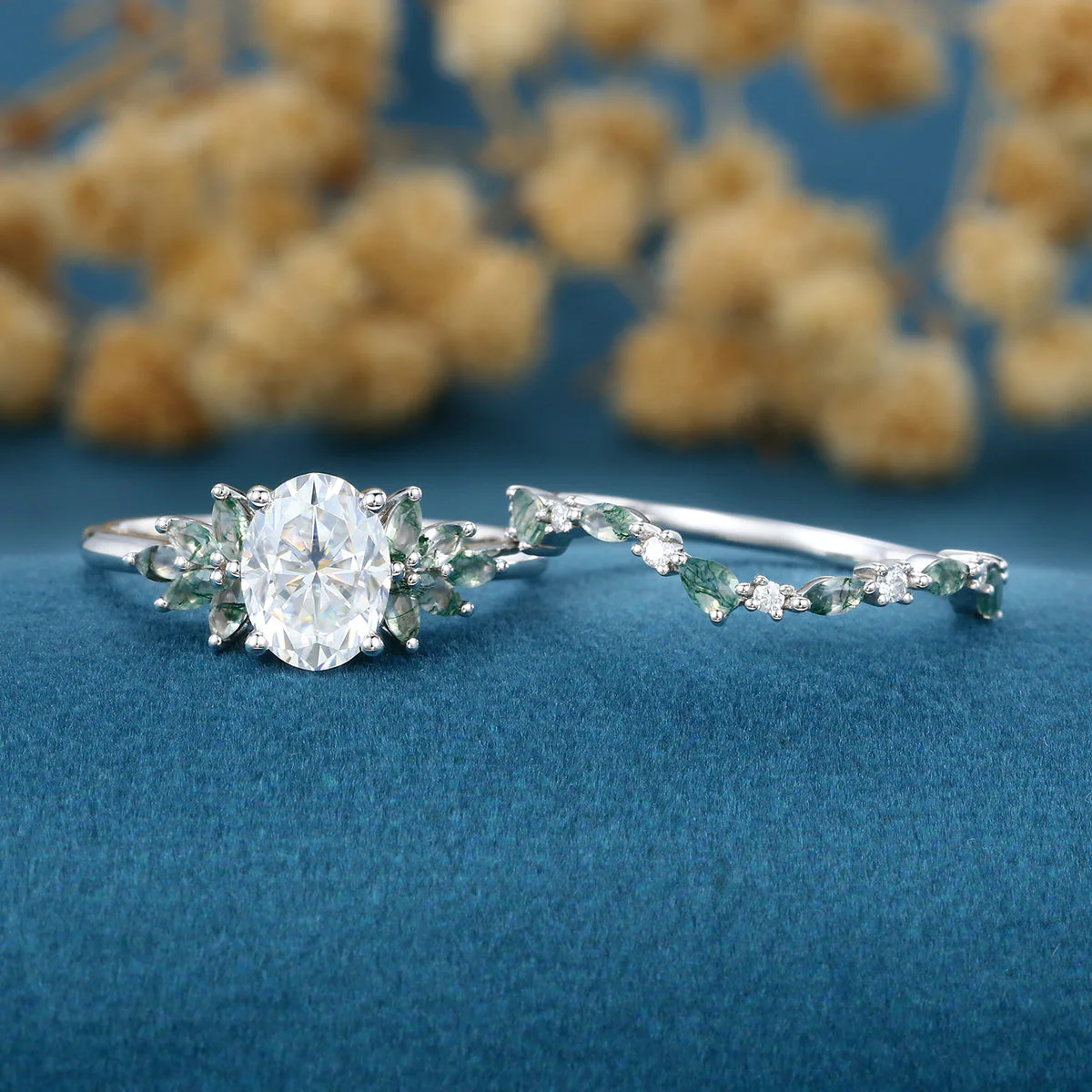 Oval cut Moissanite Engagement ring +Moss agate Wedding Bridal set - Image 6