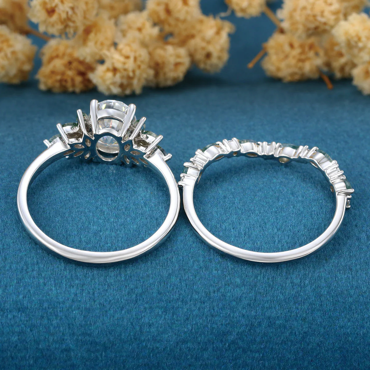 Oval cut Moissanite Engagement ring +Moss agate Wedding Bridal set - Image 7