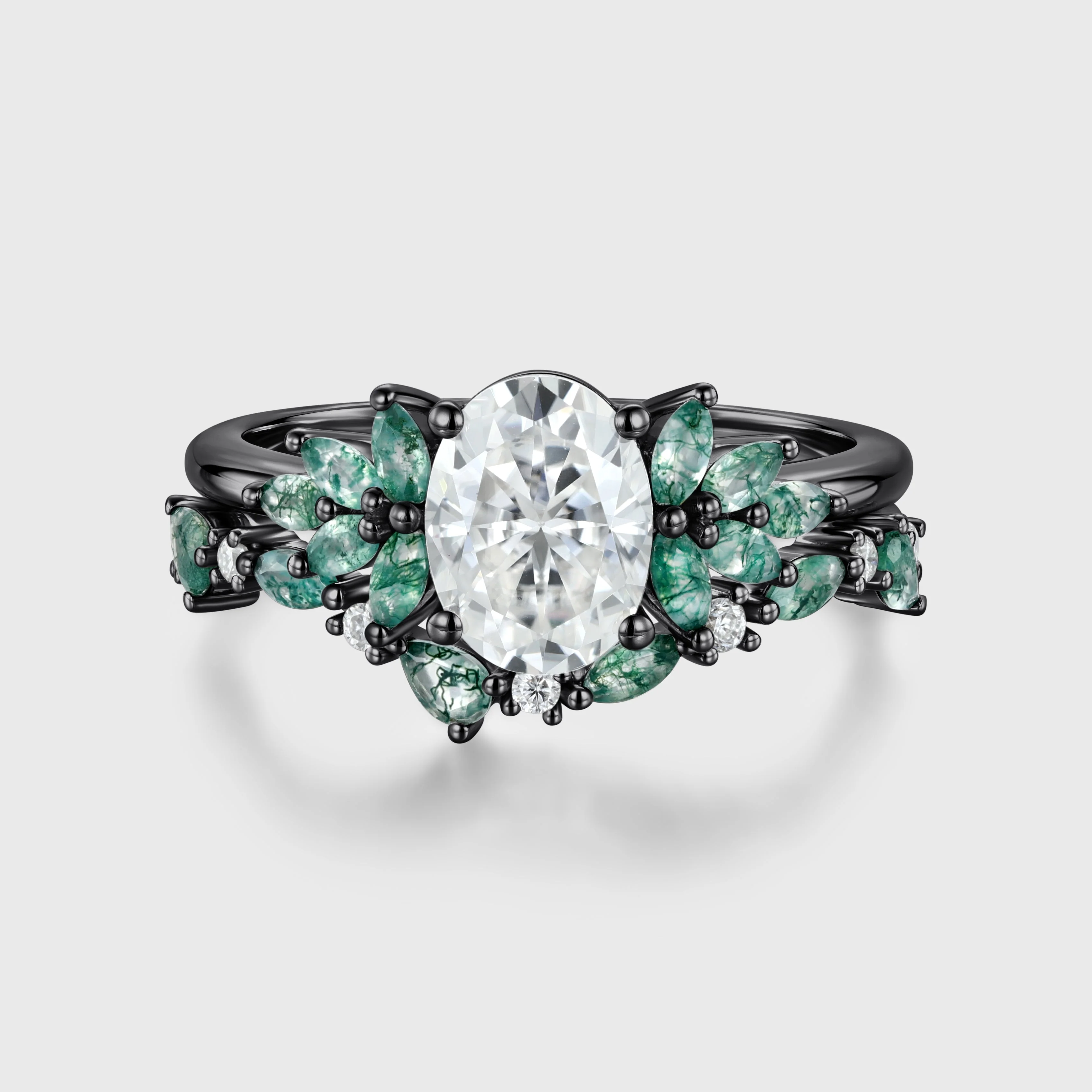 Oval cut Moissanite Engagement ring +Moss agate Wedding Bridal set - Image 8
