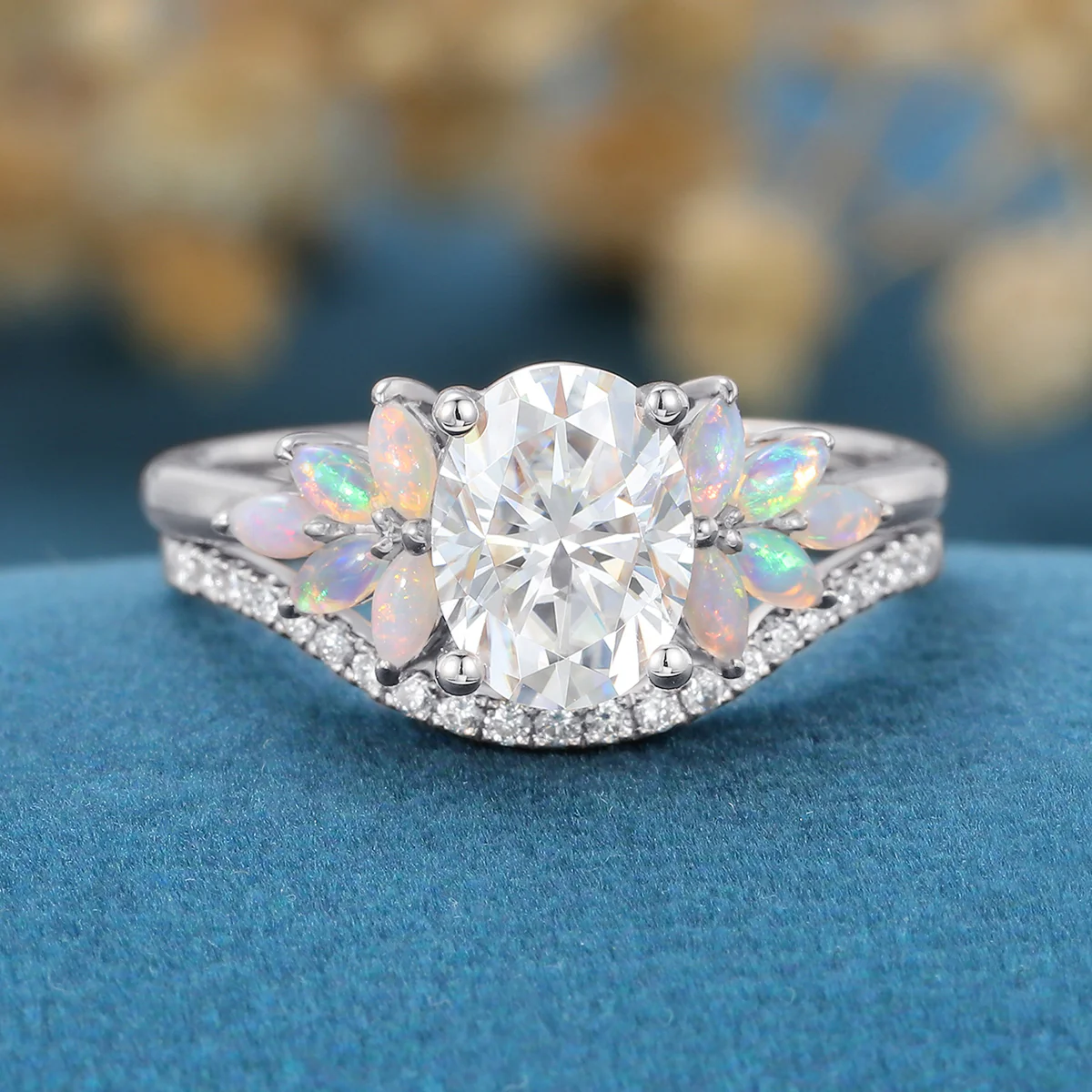 Oval cut Moissanite + Opal Cluster Engagement Ring Bridal Set - Image 11