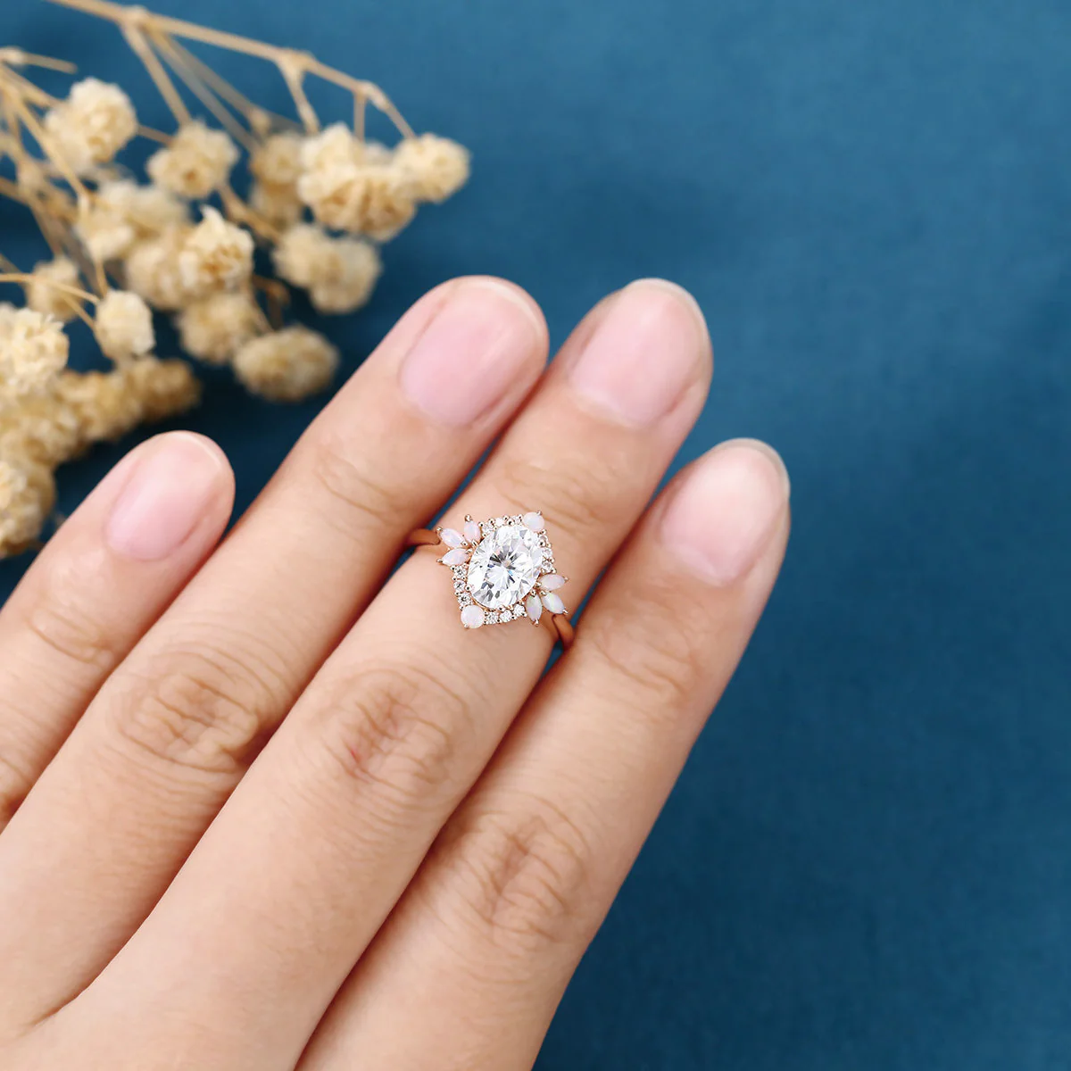 Oval cut Moissanite + Opal Rose Gold Engagement Ring - Image 2