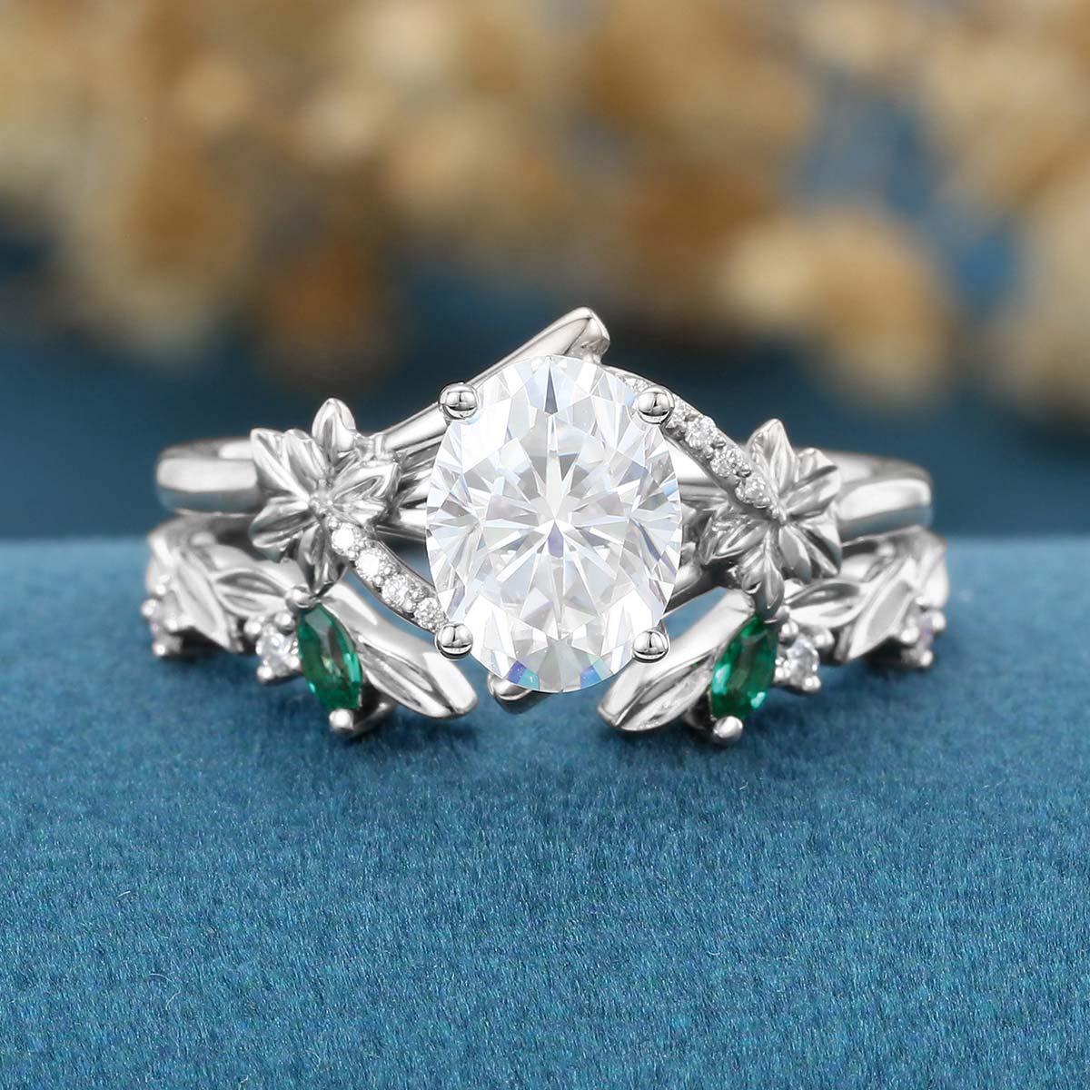 Oval cut Moissanite Rose Gold Matching Moissanite | Lab Grown Emerald Rose Gold Wedding Bridal Set - Image 6