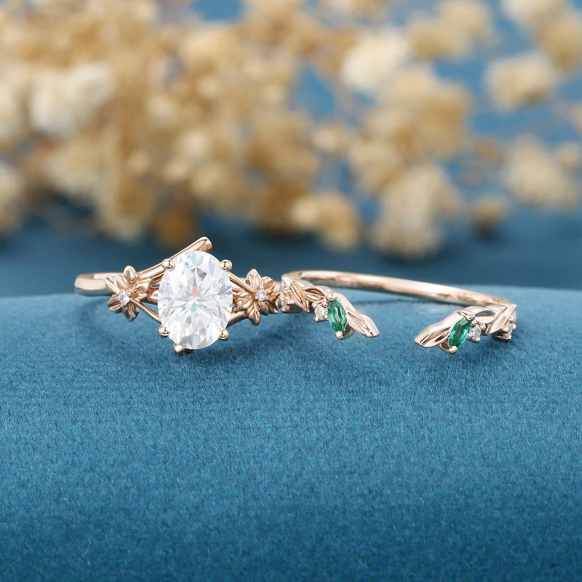 Oval cut Moissanite Rose Gold Matching Moissanite | Lab Grown Emerald Rose Gold Wedding Bridal Set - Image 4