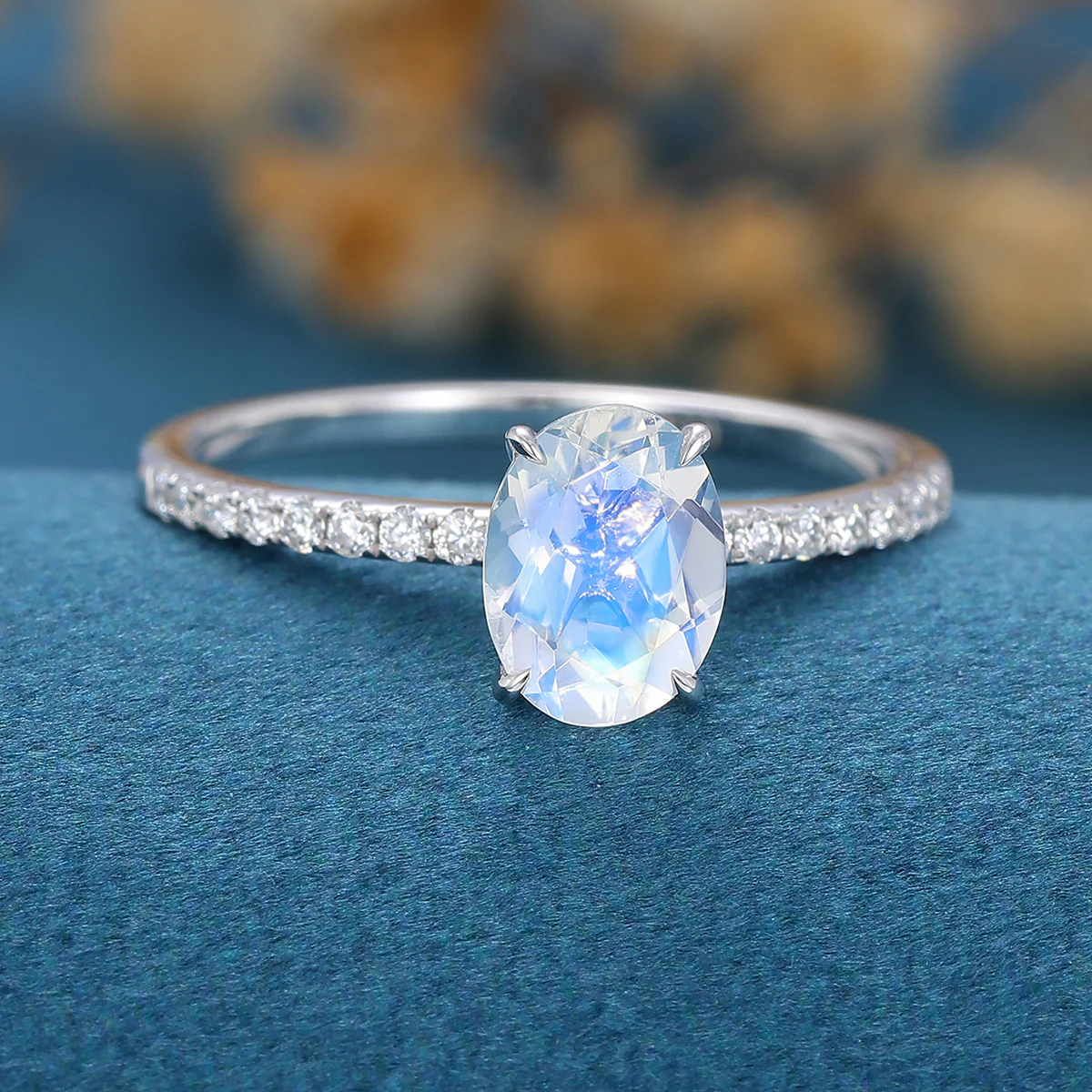 Oval cut Moonstone Half eternity Engagement Ring - Image 3
