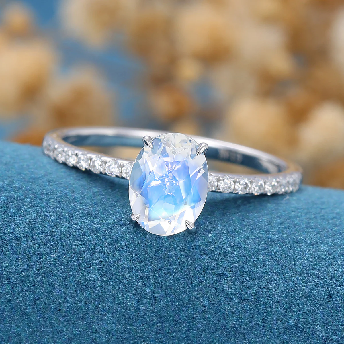 Oval cut Moonstone Half eternity Engagement Ring - Image 5