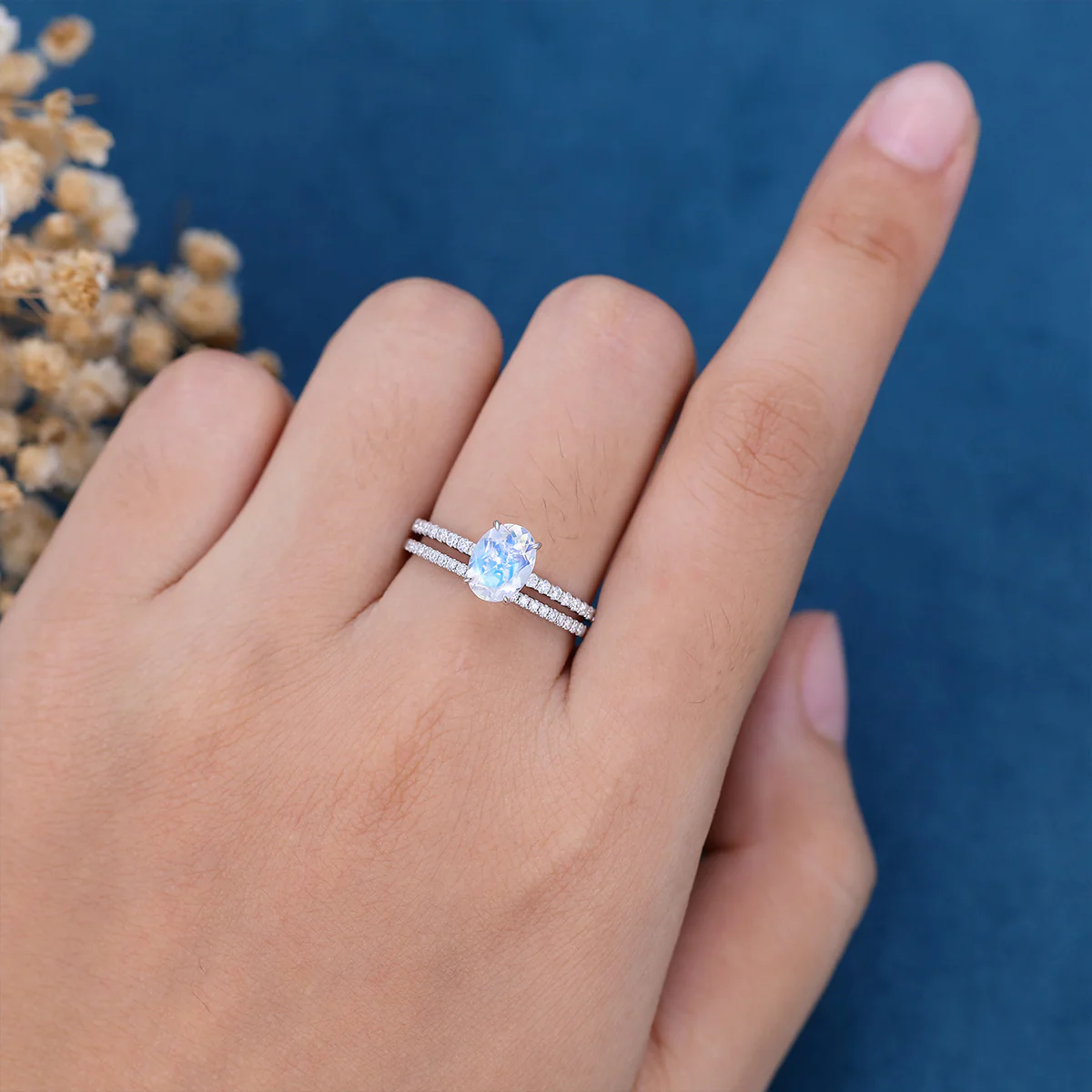 Oval cut Moonstone Half eternity Engagement Bridal Set - Image 2