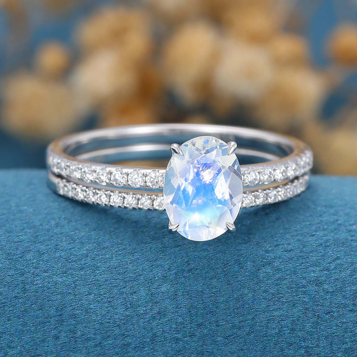 Oval cut Moonstone Half eternity Engagement Bridal Set - Image 5