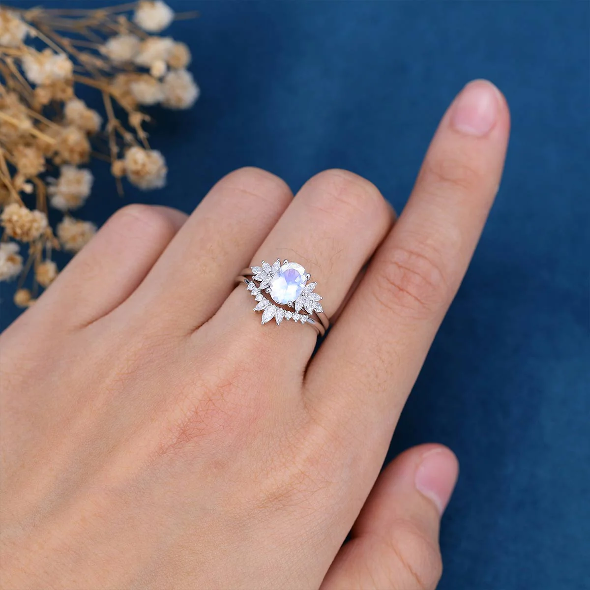 Oval cut Moonstone | Moissanite Cluster Engagement Bridal Set - Image 2