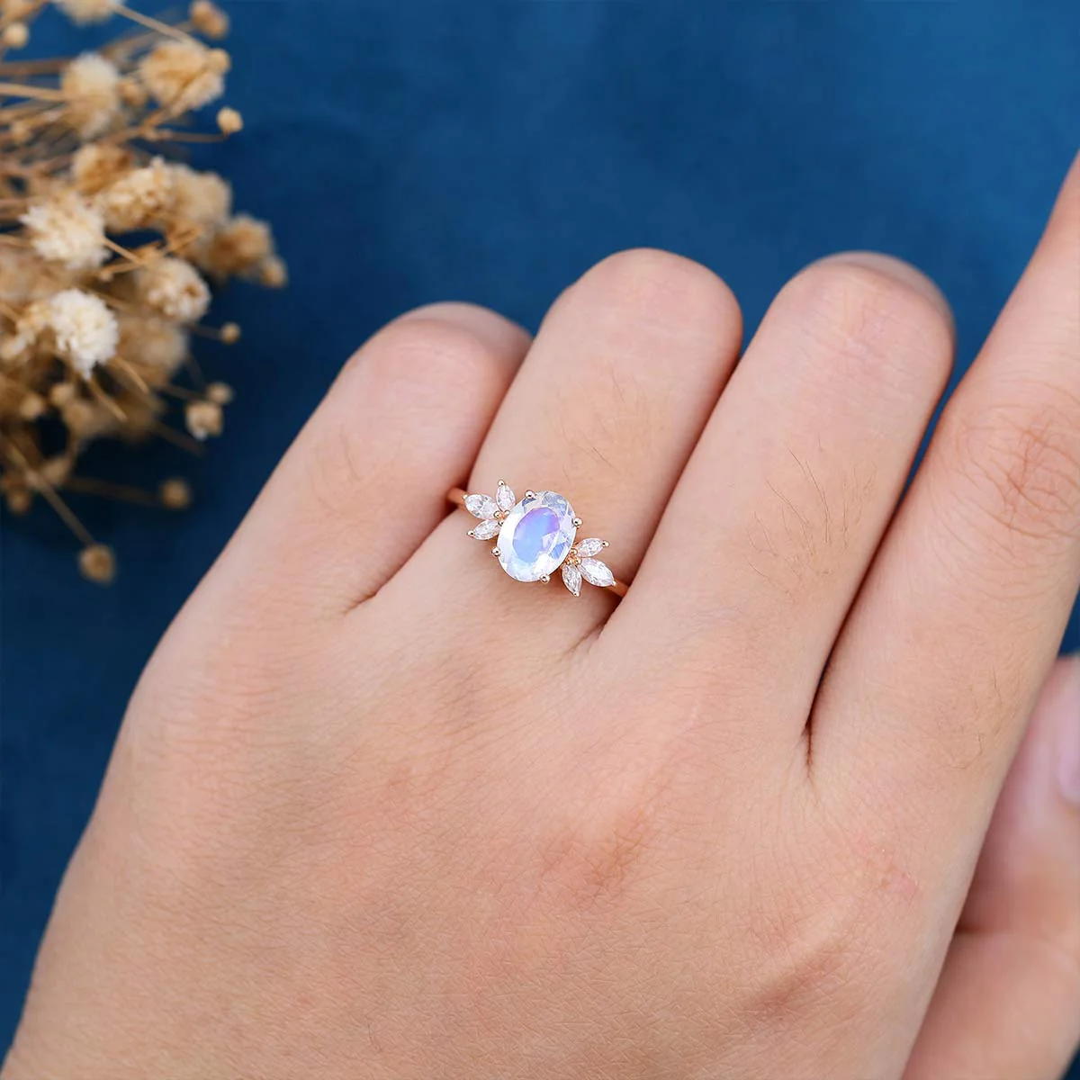 Oval cut Moonstone | Moissanite Cluster Engagement Ring - Image 2