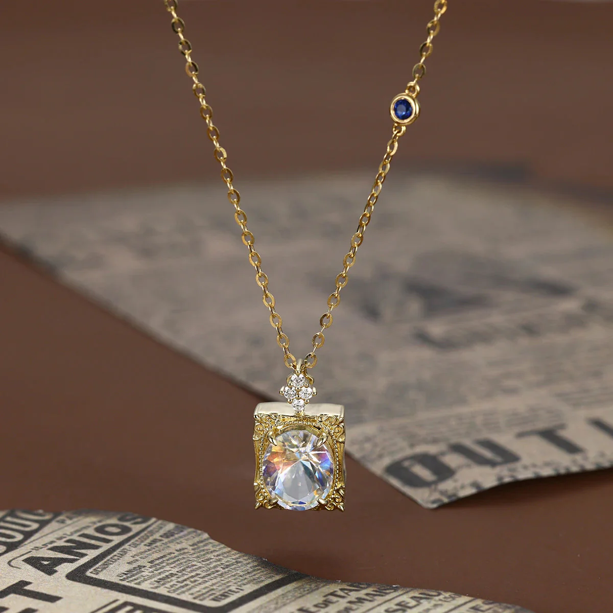Oval cut Moonstone Pendant Necklace with Diamonds Halo Accents - Image 3