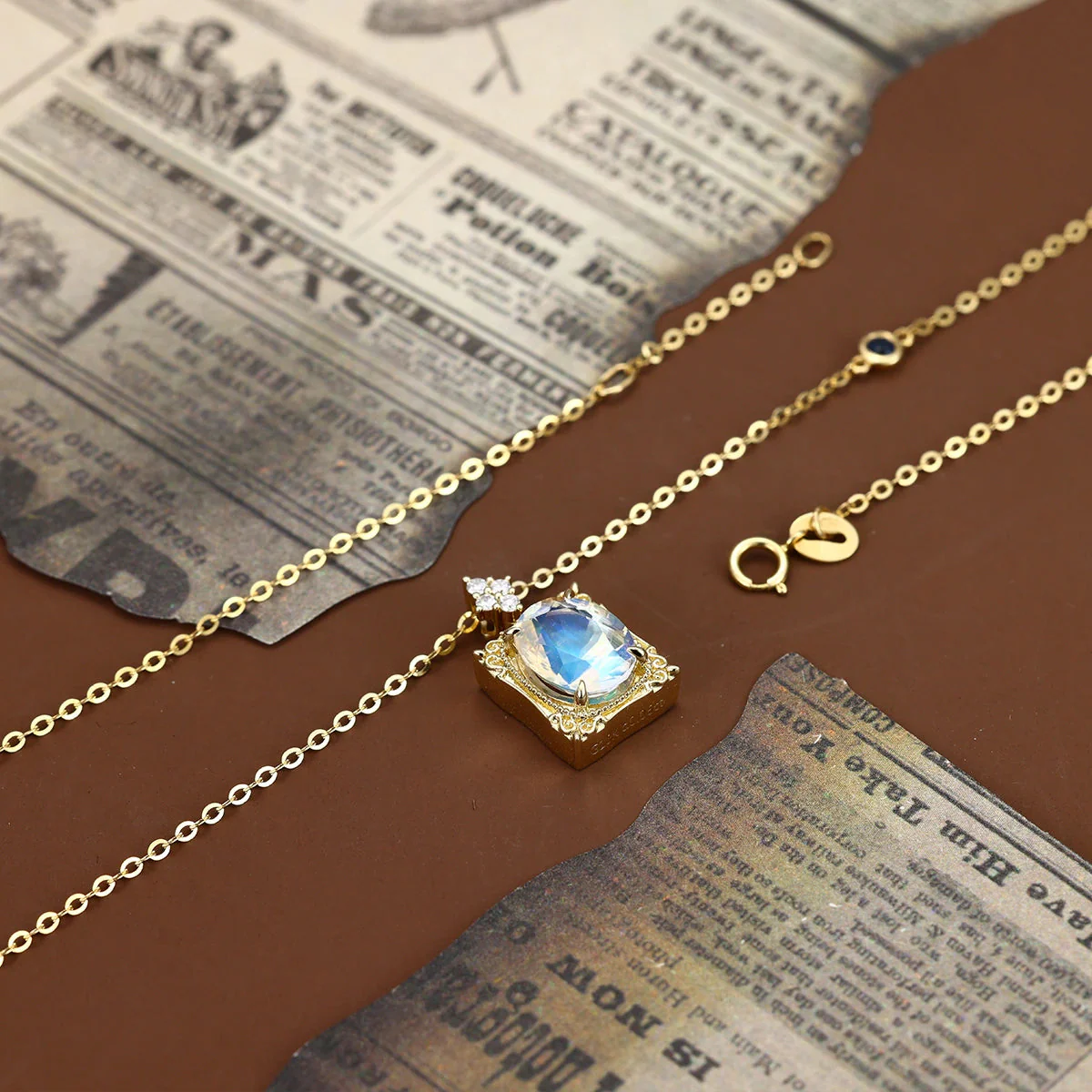 Oval cut Moonstone Pendant Necklace with Diamonds Halo Accents - Image 4