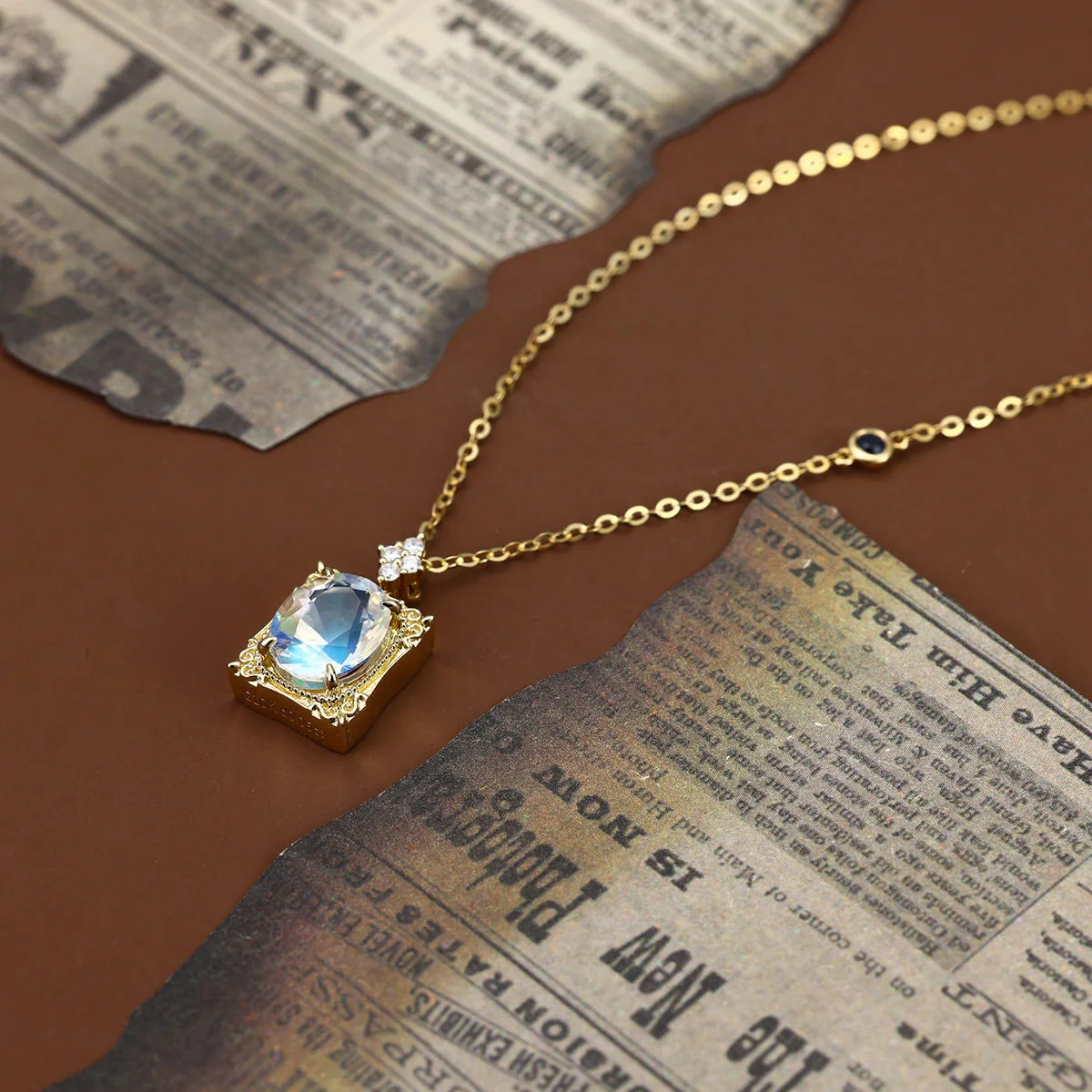 Oval cut Moonstone Pendant Necklace with Diamonds Halo Accents - Image 5
