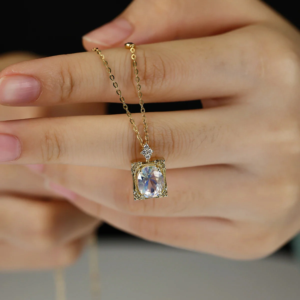 Oval cut Moonstone Pendant Necklace with Diamonds Halo Accents - Image 6