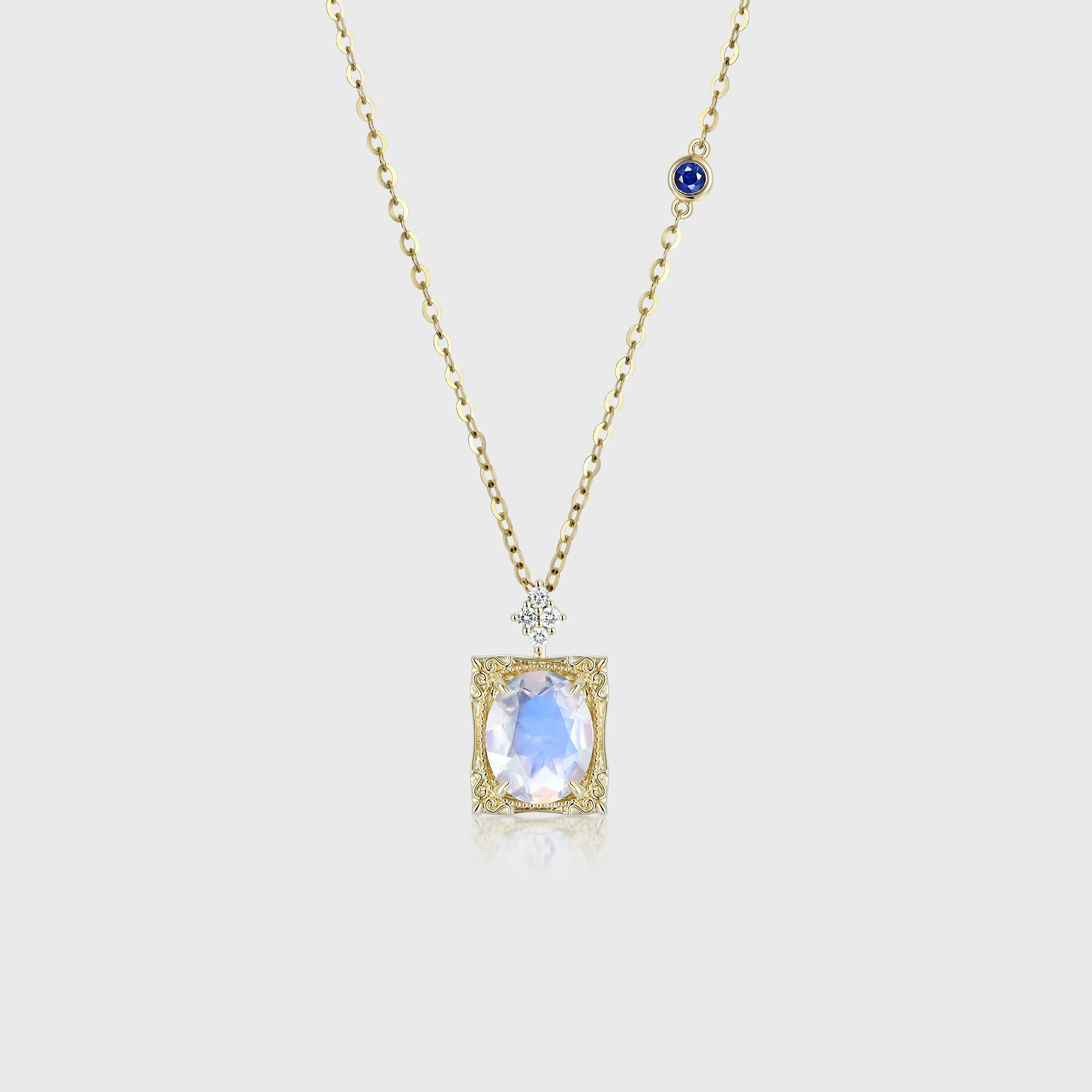 Oval cut Moonstone Pendant Necklace with Diamonds Halo Accents - Image 7