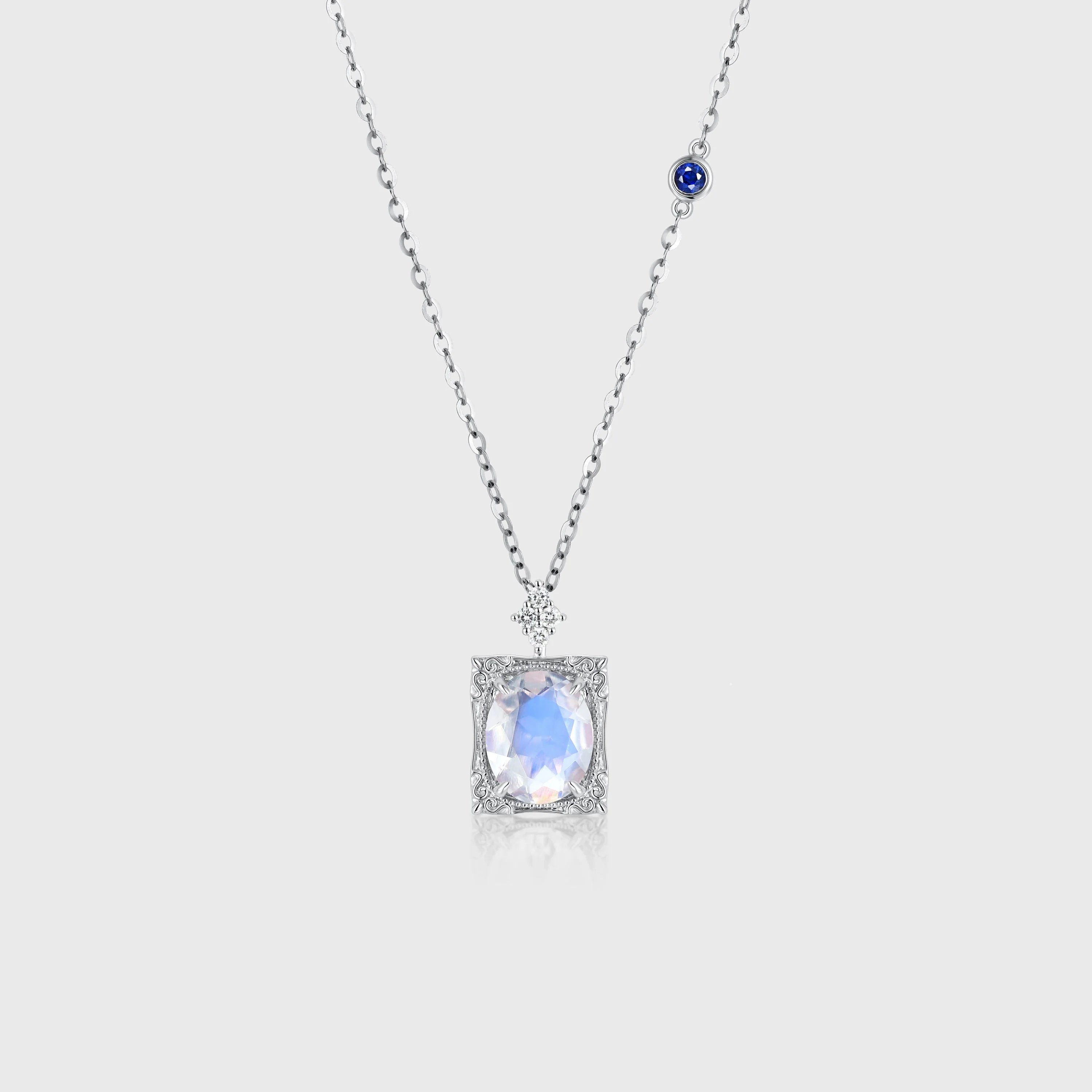 Oval cut Moonstone Pendant Necklace with Diamonds Halo Accents - Image 8