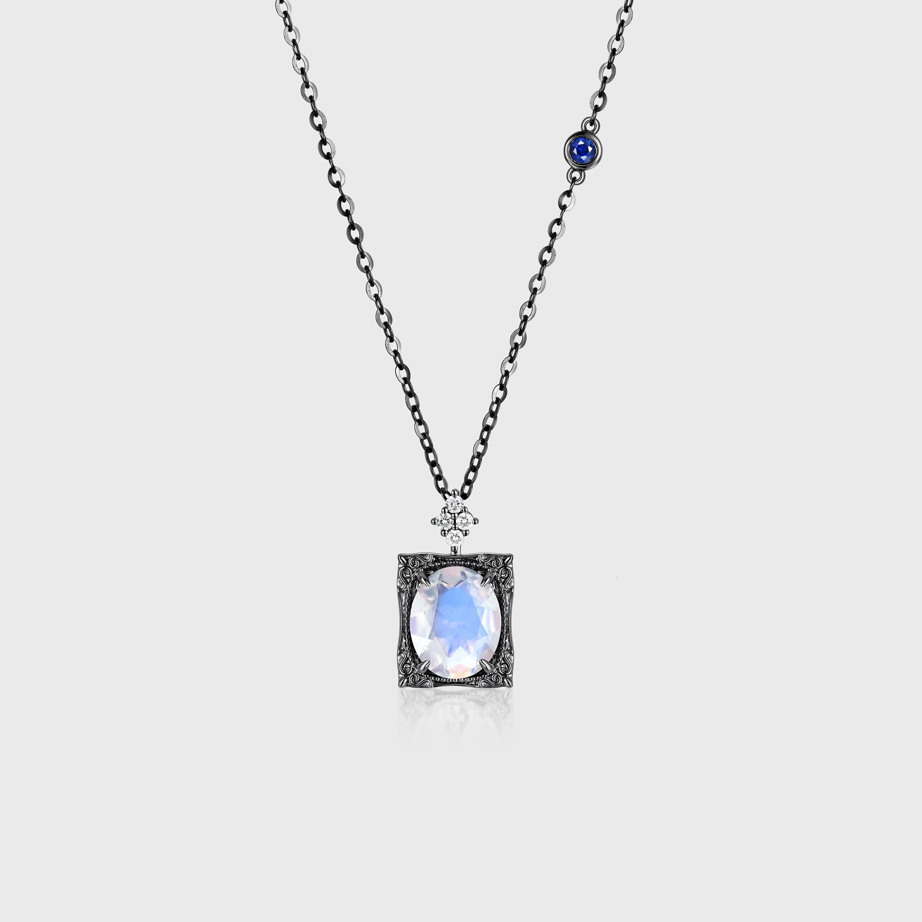 Oval cut Moonstone Pendant Necklace with Diamonds Halo Accents - Image 9