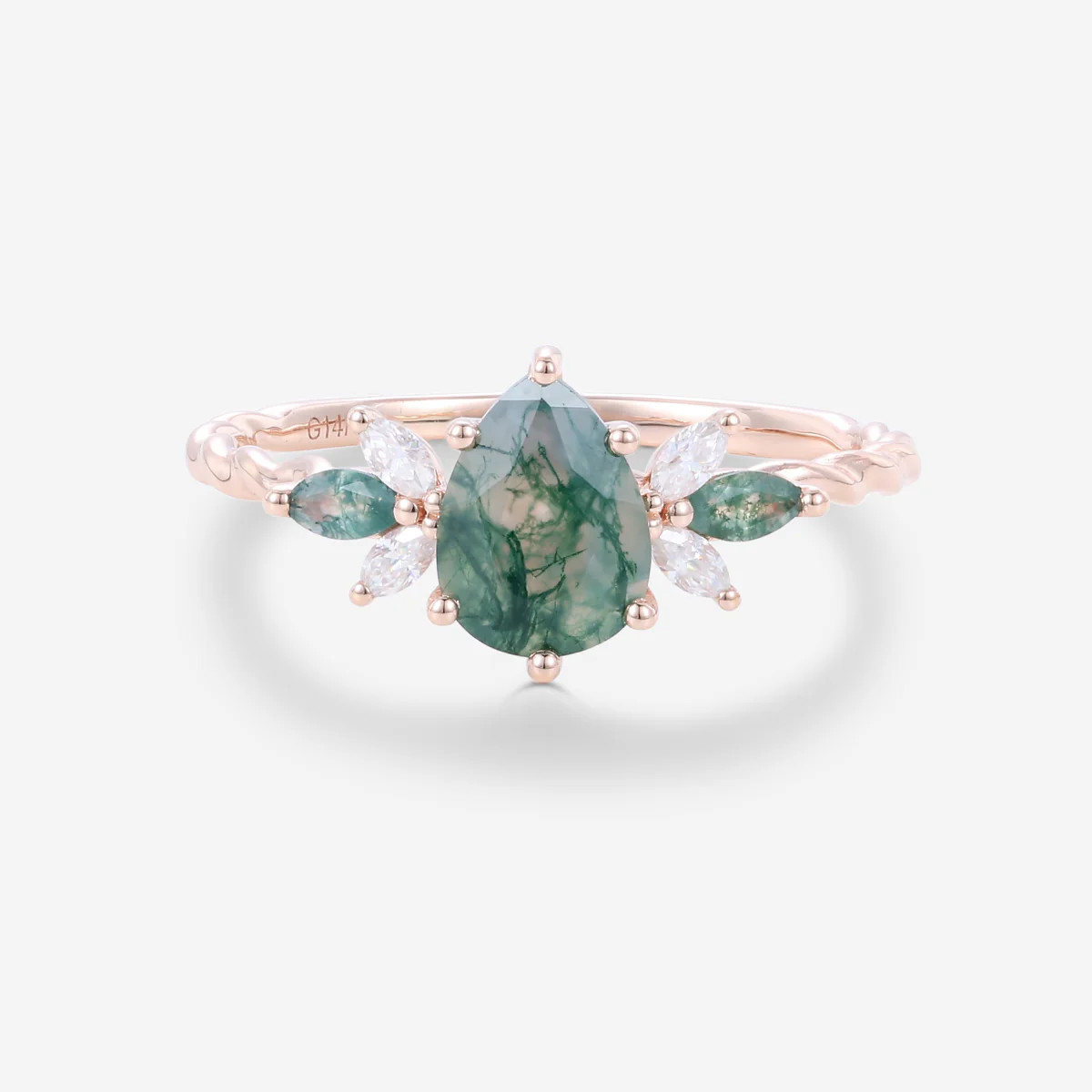 Inspired Pear cut Moss Agate Solid Gold Twisted Shank Engagement Ring