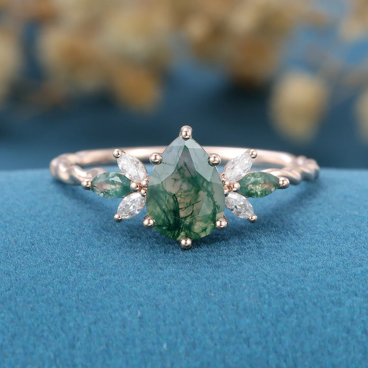 Inspired Pear cut Moss Agate Solid Gold Twisted Shank Engagement Ring - Image 2