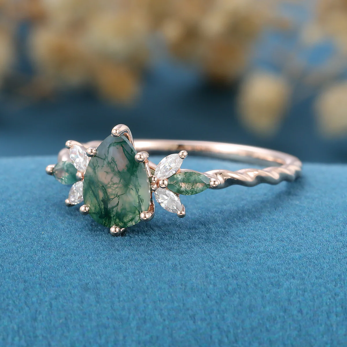Inspired Pear cut Moss Agate Solid Gold Twisted Shank Engagement Ring - Image 3