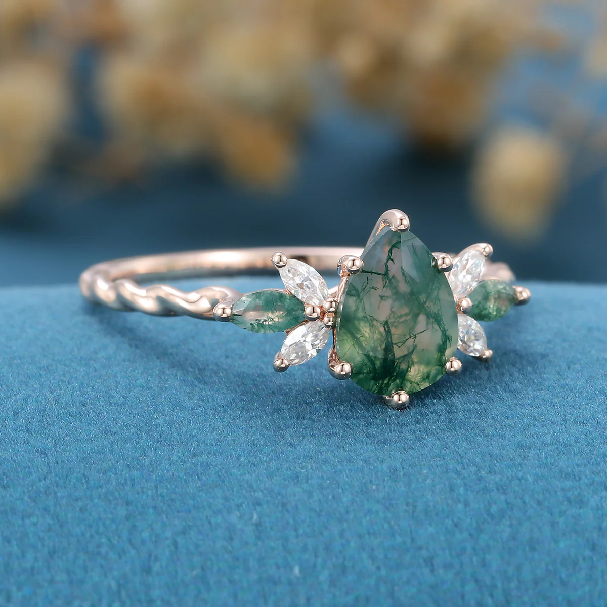 Inspired Pear cut Moss Agate Solid Gold Twisted Shank Engagement Ring - Image 4
