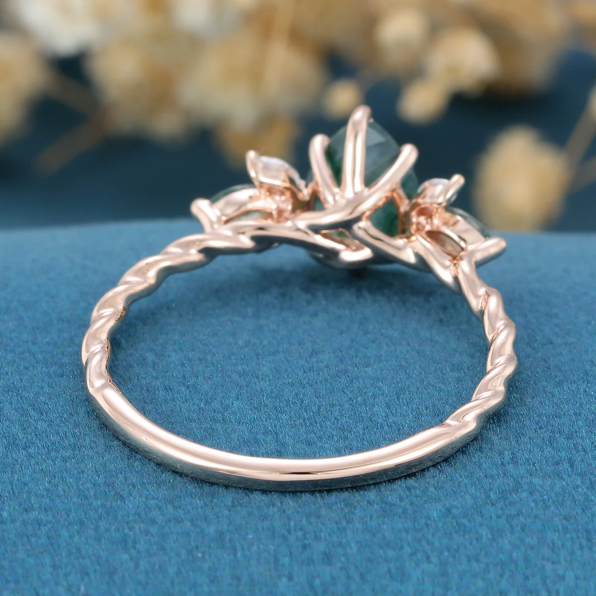 Inspired Pear cut Moss Agate Solid Gold Twisted Shank Engagement Ring - Image 5